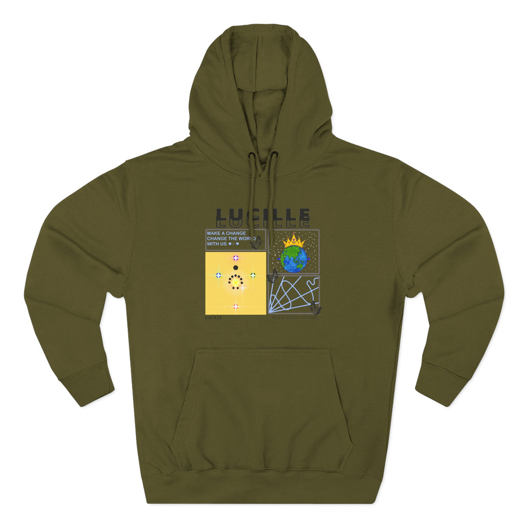 Army green hoodie with a Lucille graphic design on a white background