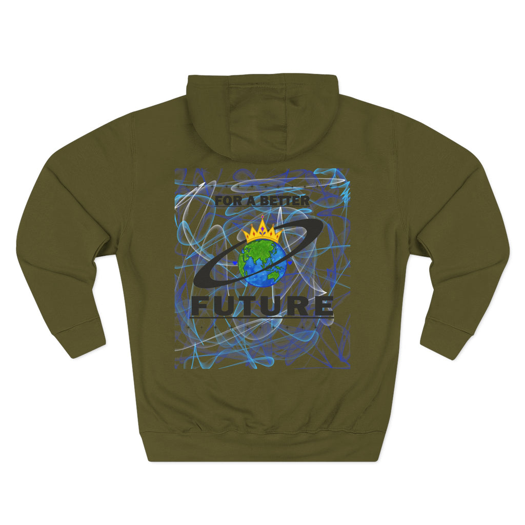 Back of a army green hoodie with 'For a Better Future' design featuring the Royal Earth Apparel Logo on a white background