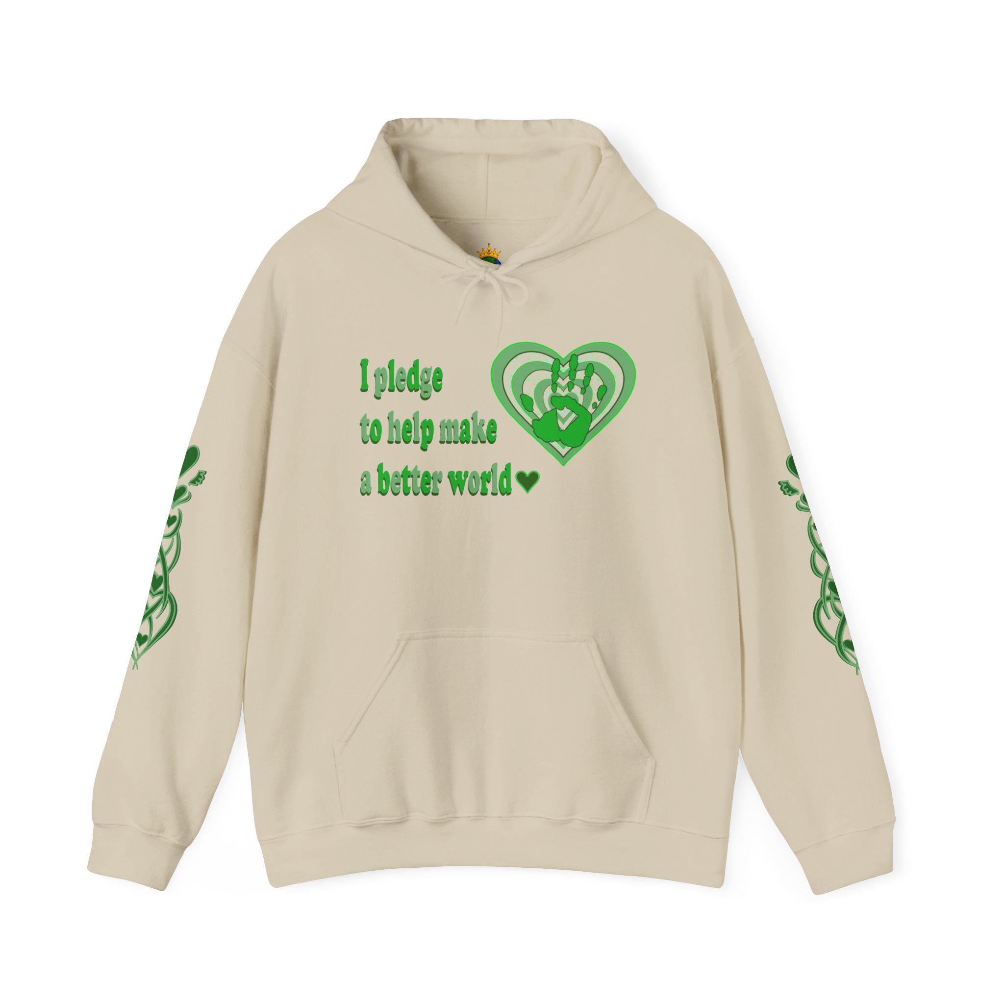 Beige hoodie with green text and heart design