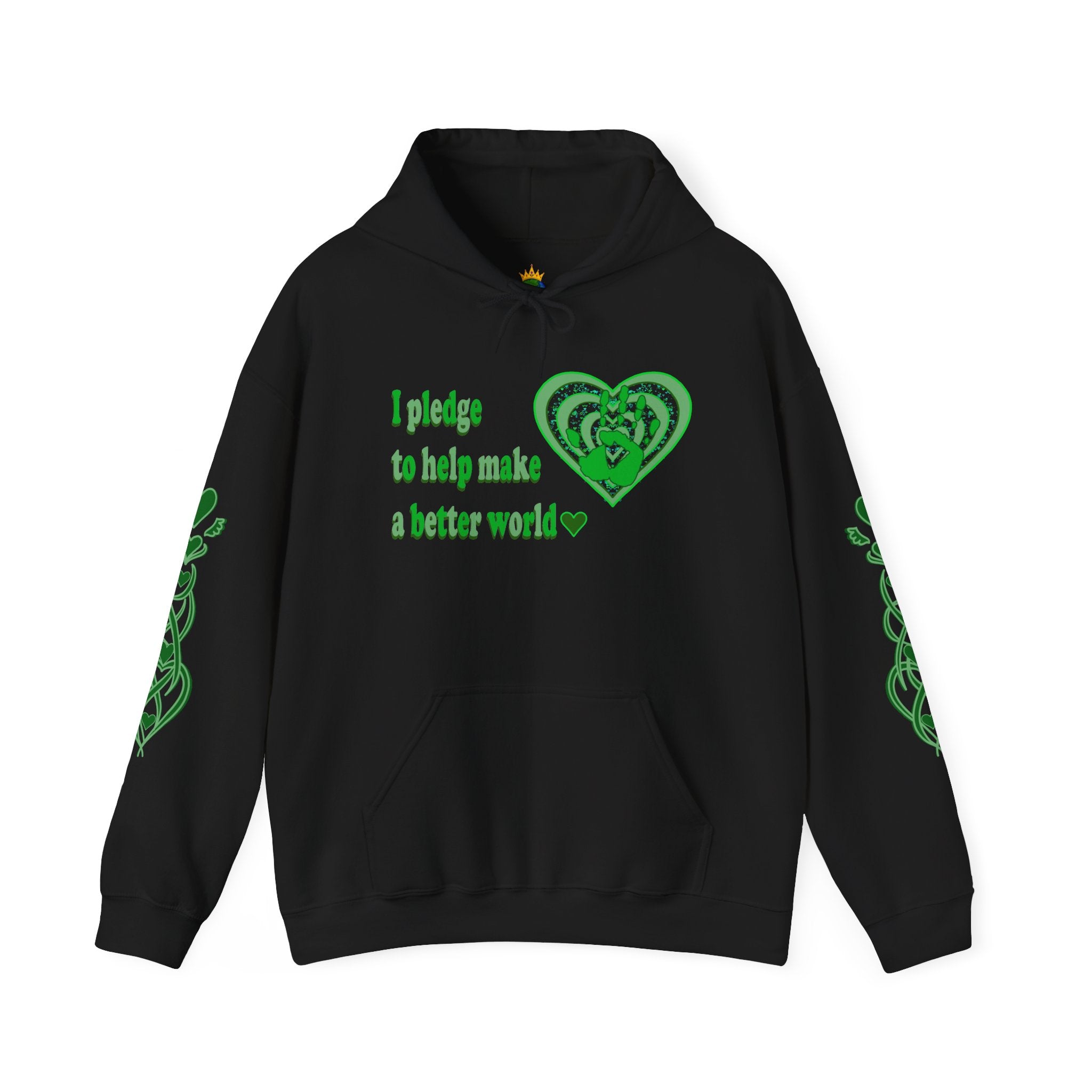 Black hoodie with green text and heart design