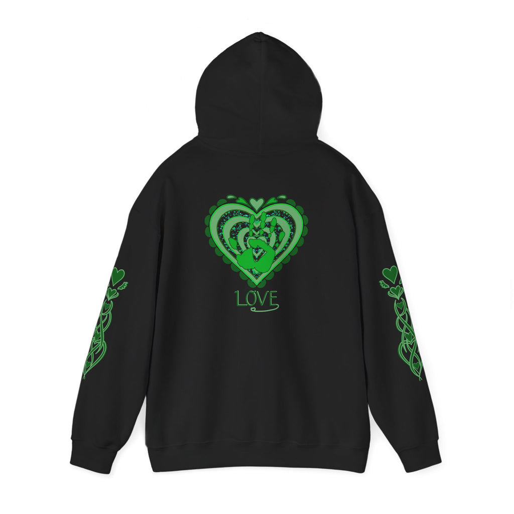 Black hoodie with green heart design and 'LOVE' text 