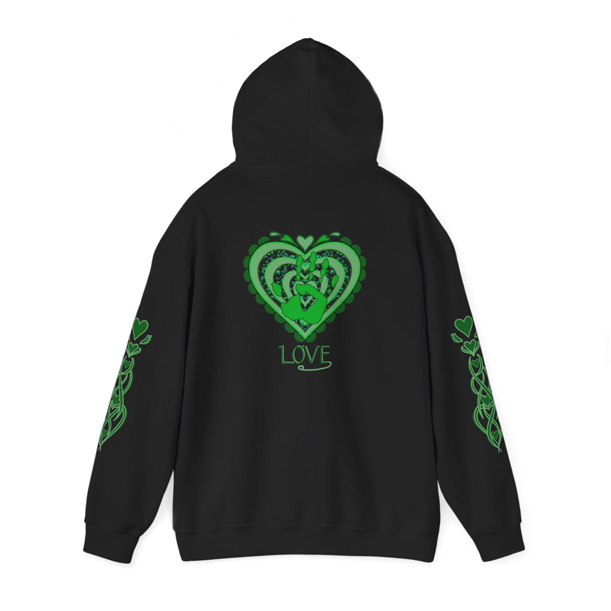 Black hoodie with green heart design and 'LOVE' text 