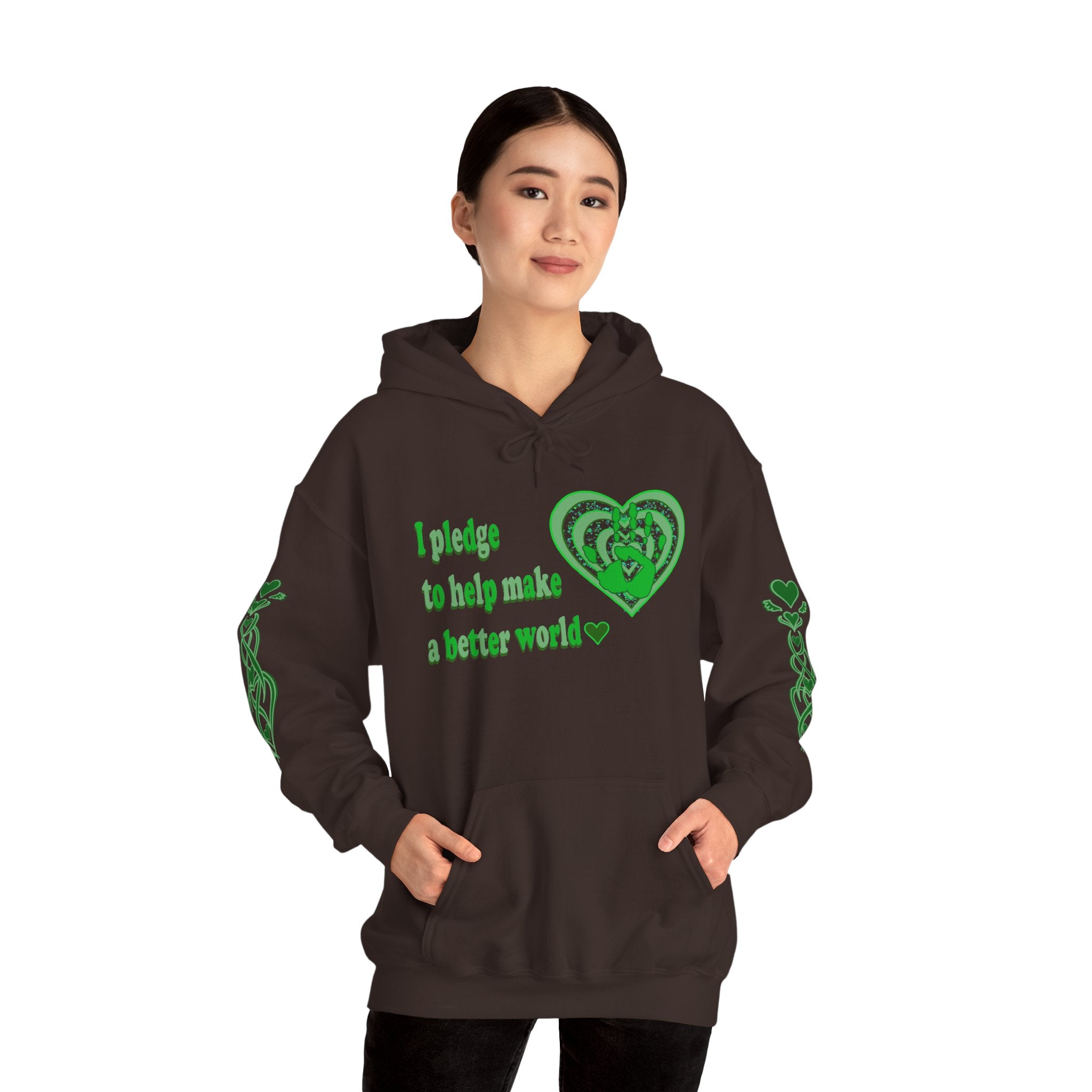 Person wearing a black hoodie with green text and heart design
