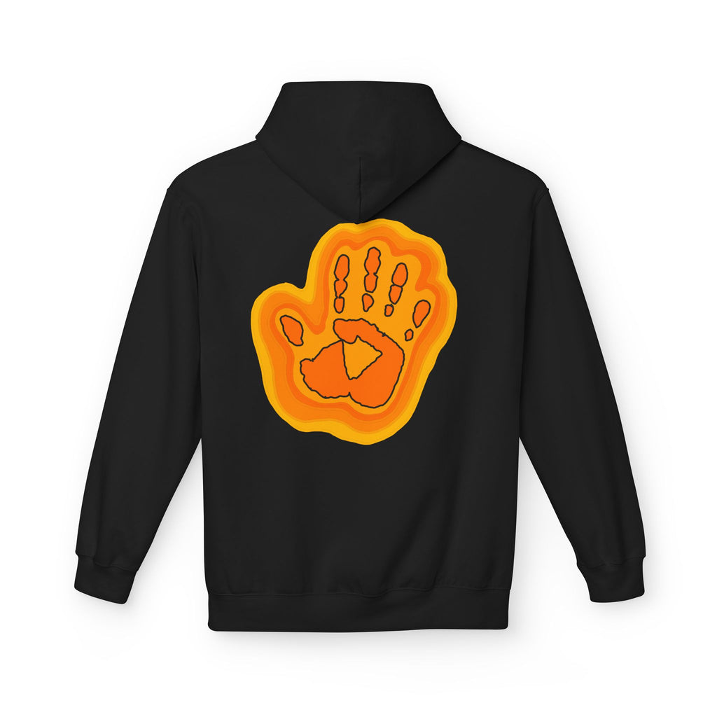 Black hoodie with a yellow handprint design on the back against a white background