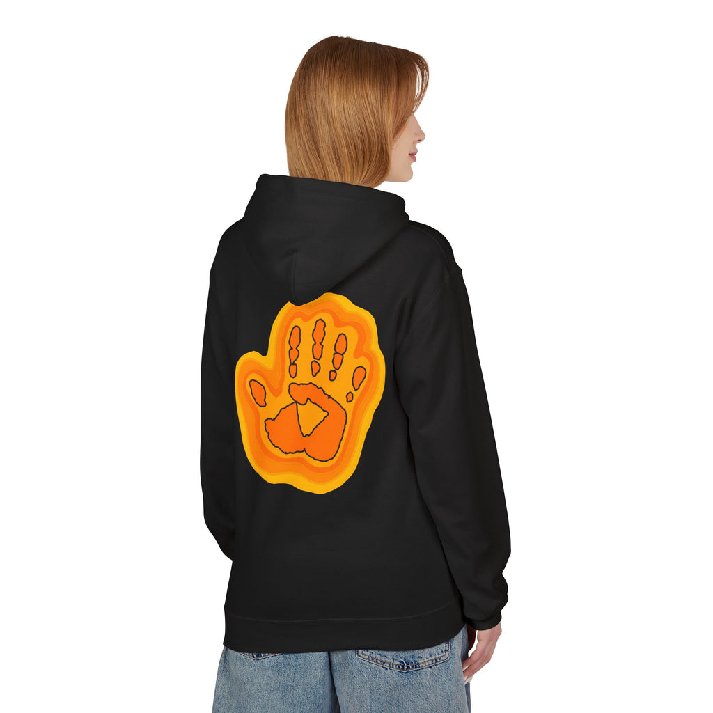 Person wearing a black hoodie with an orange handprint design on the back, standing against a white background.
