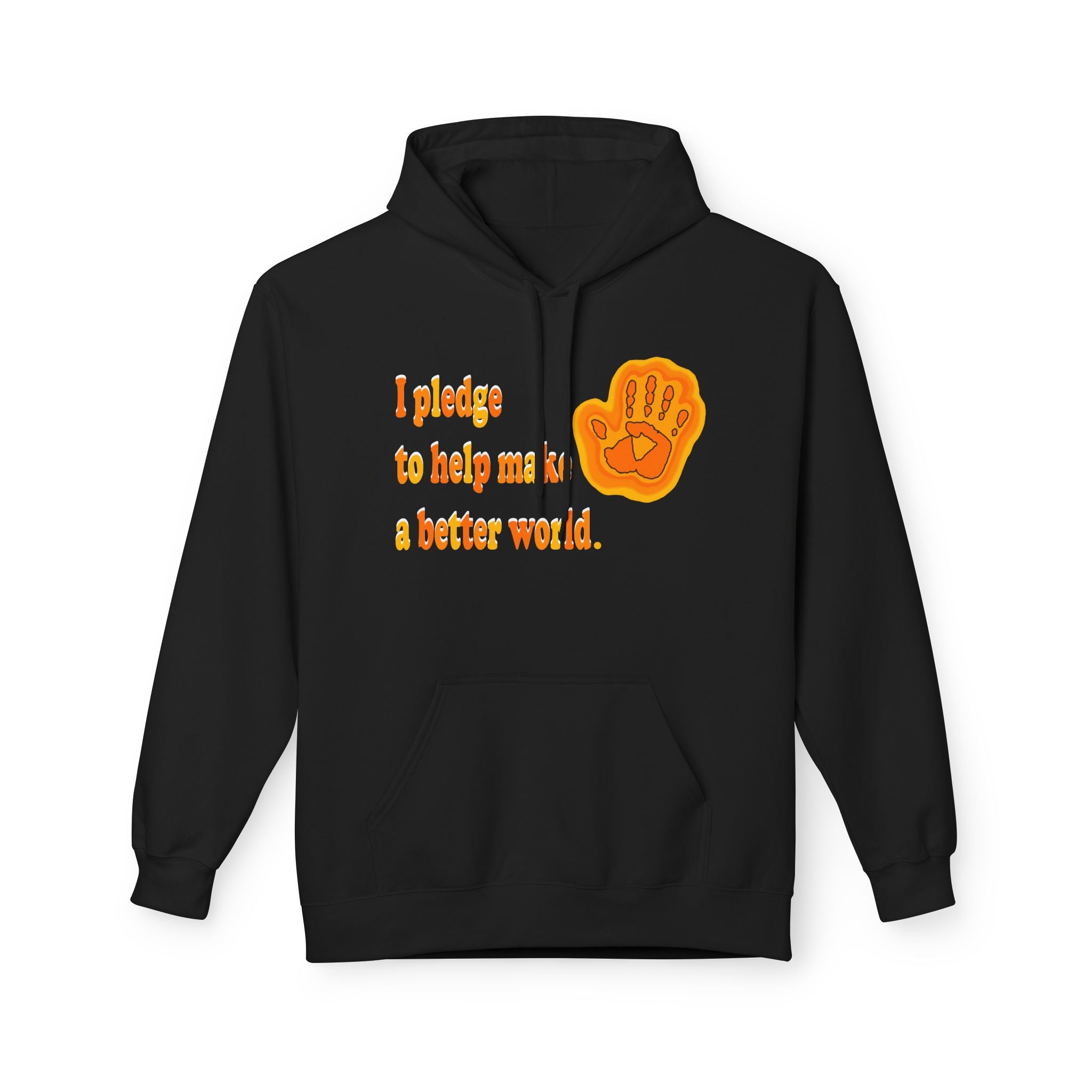Black hoodie with text and handprint design on a white background