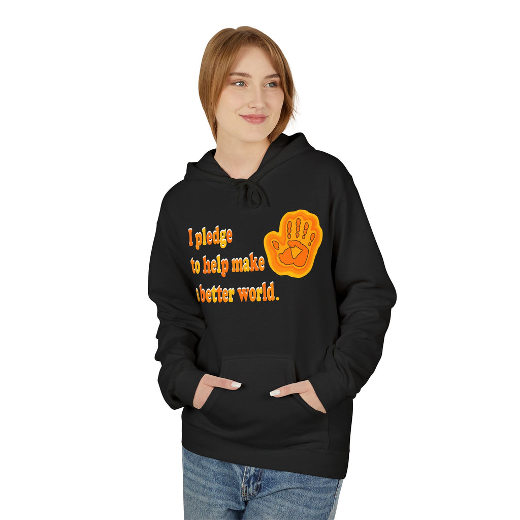 Person wearing a black hoodie with a message and handprint design on a white background