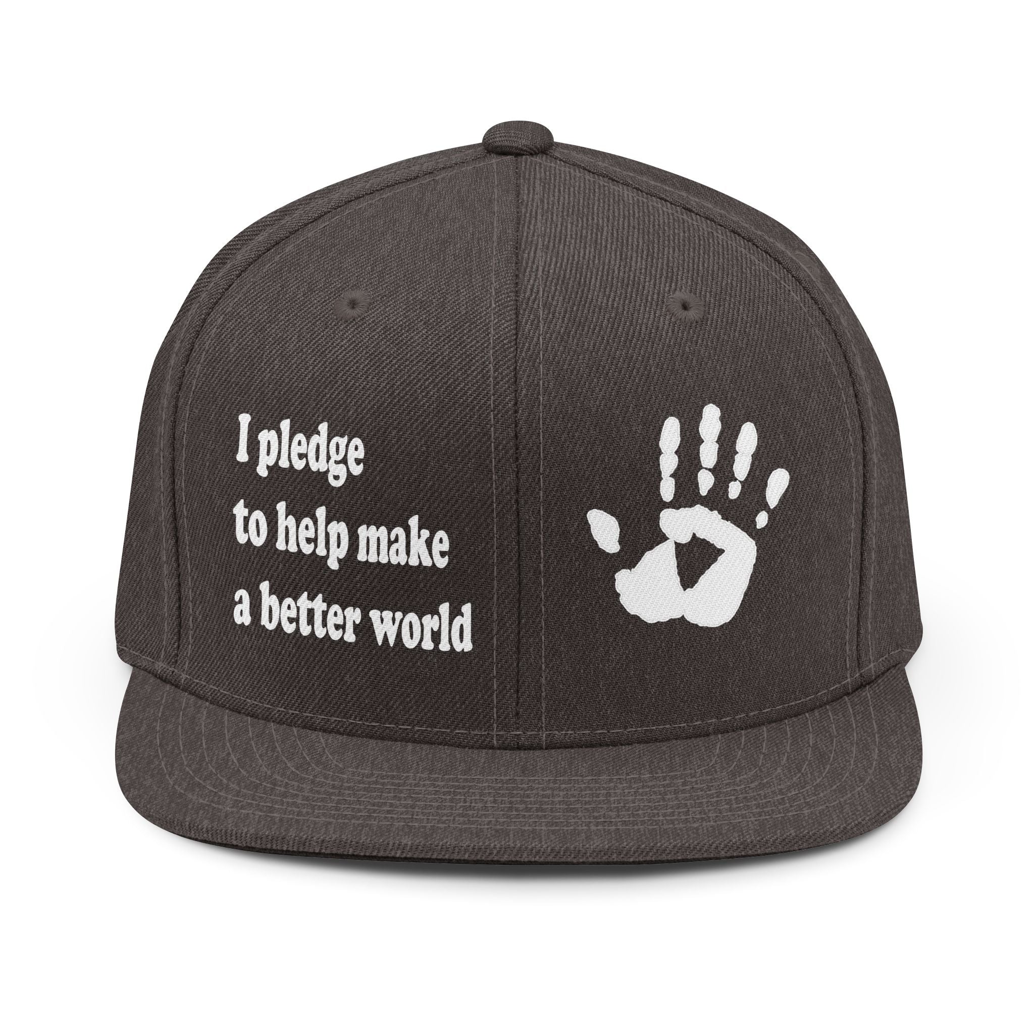 Black cap with white text and handprint design on a white background