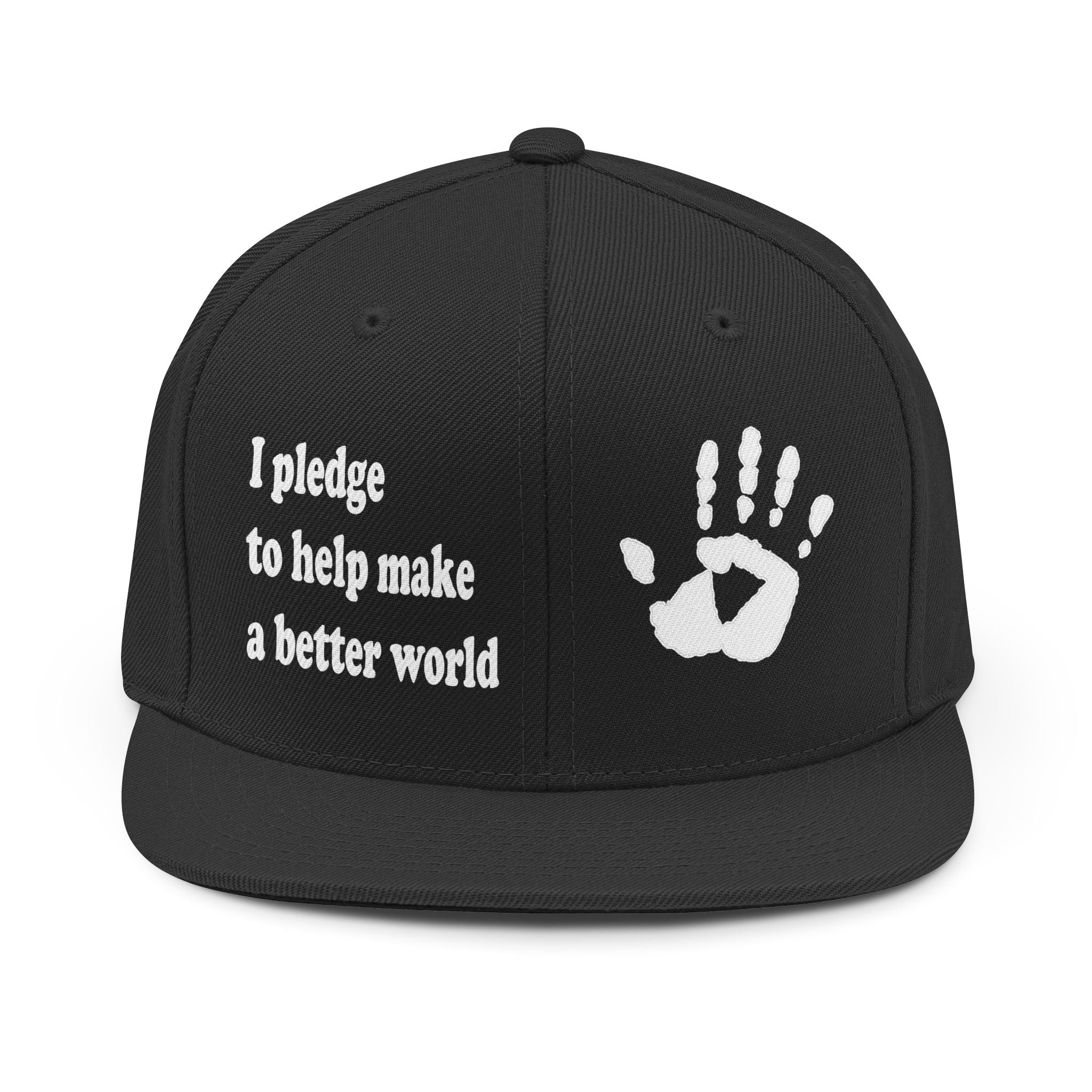 Black cap with white text and handprint design on a white background