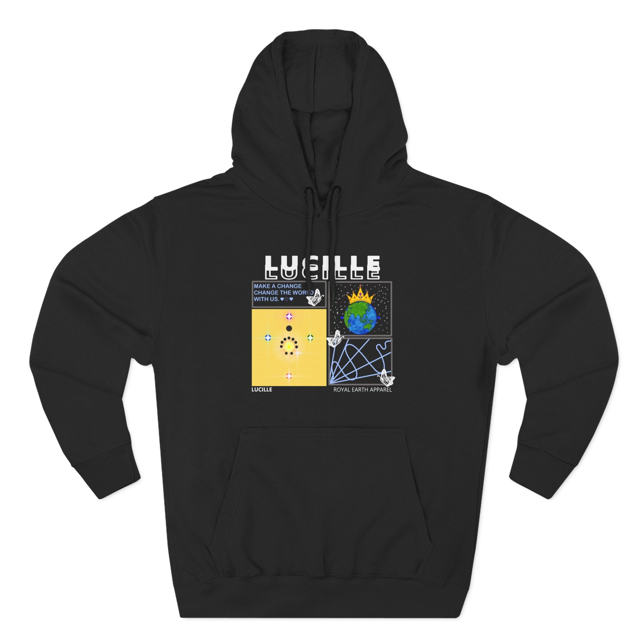 Black hoodie with a Lucille graphic design on a white background