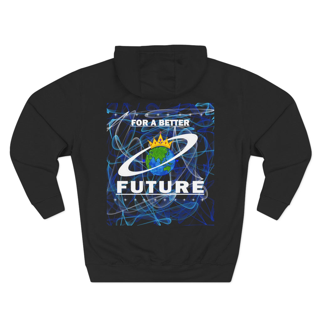 Back of a black hoodie with 'For a Better Future' design featuring the Royal Earth Apparel Logo on a white background