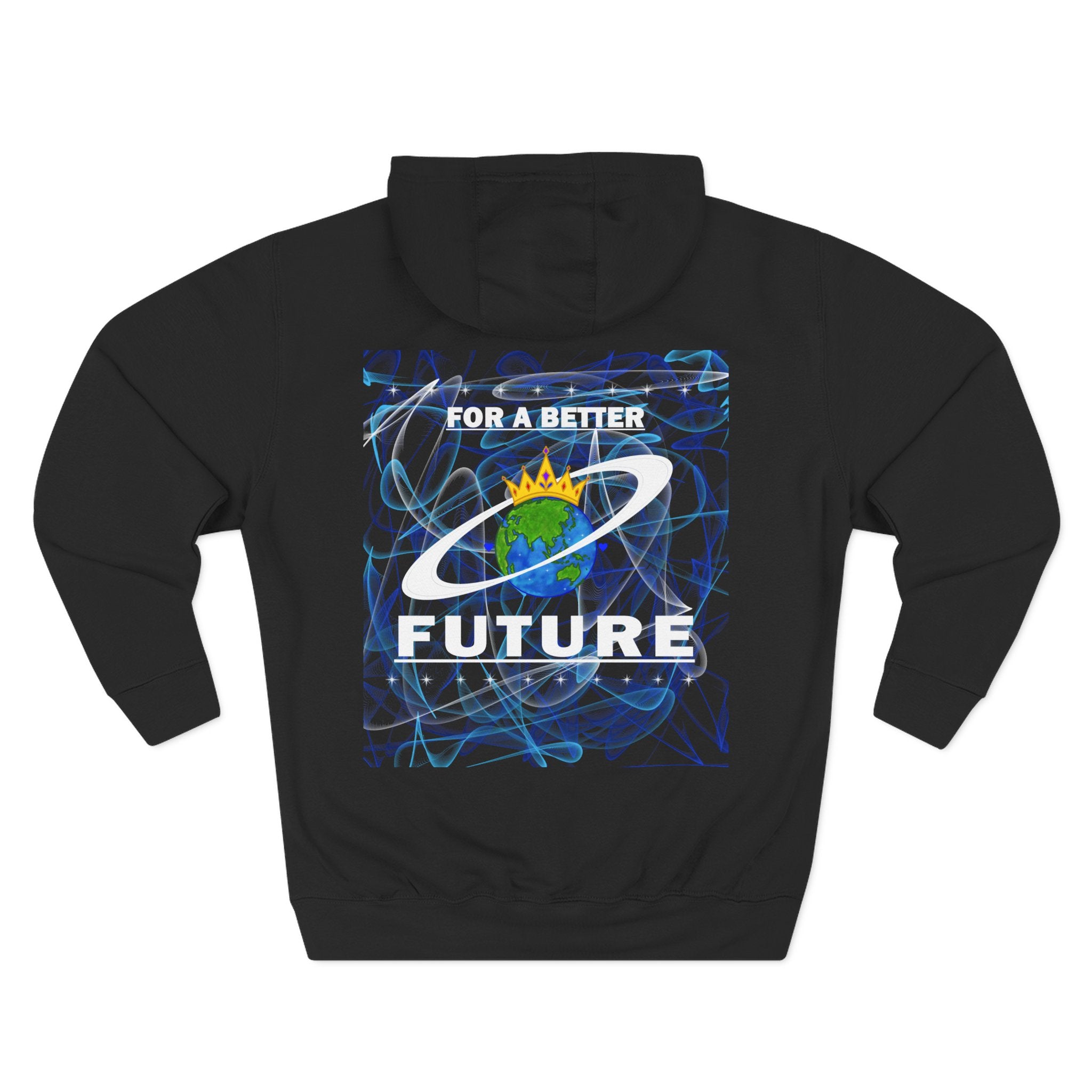 Back of a black hoodie with 'For a Better Future' design featuring the Royal Earth Apparel Logo on a white background