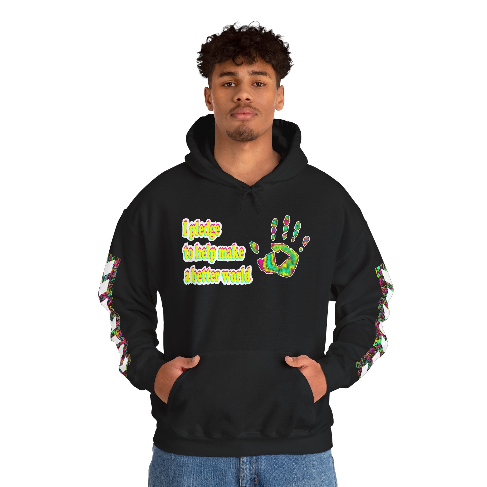 Person wearing a black hoodie with a colorful handprint design and text that reads 'I pledge to help make a better world' on a white background