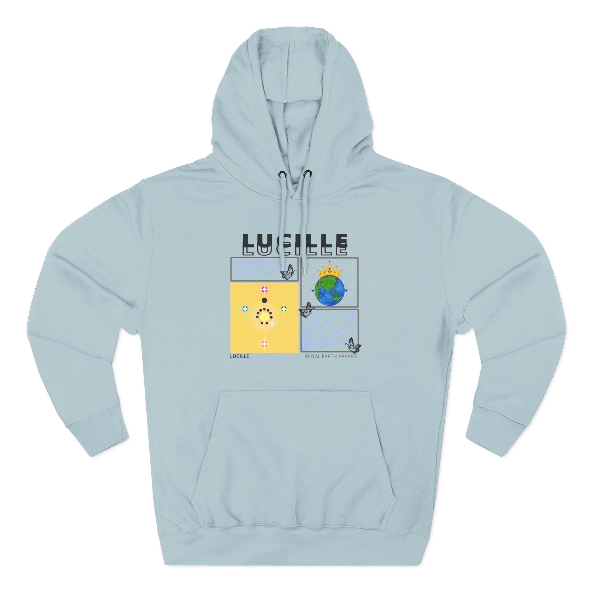 Blue mist hoodie with a Lucille graphic design on a white background