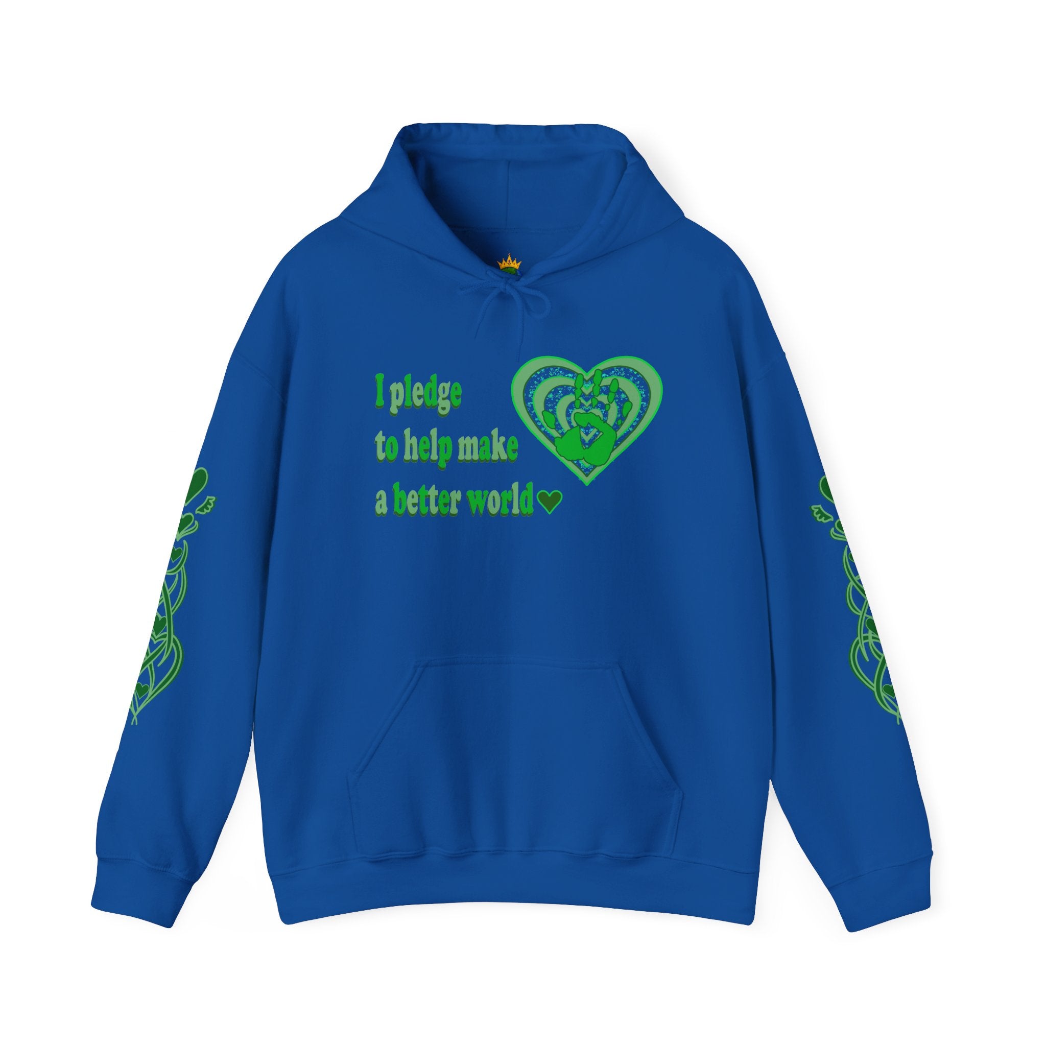 Blue hoodie with green text and heart design