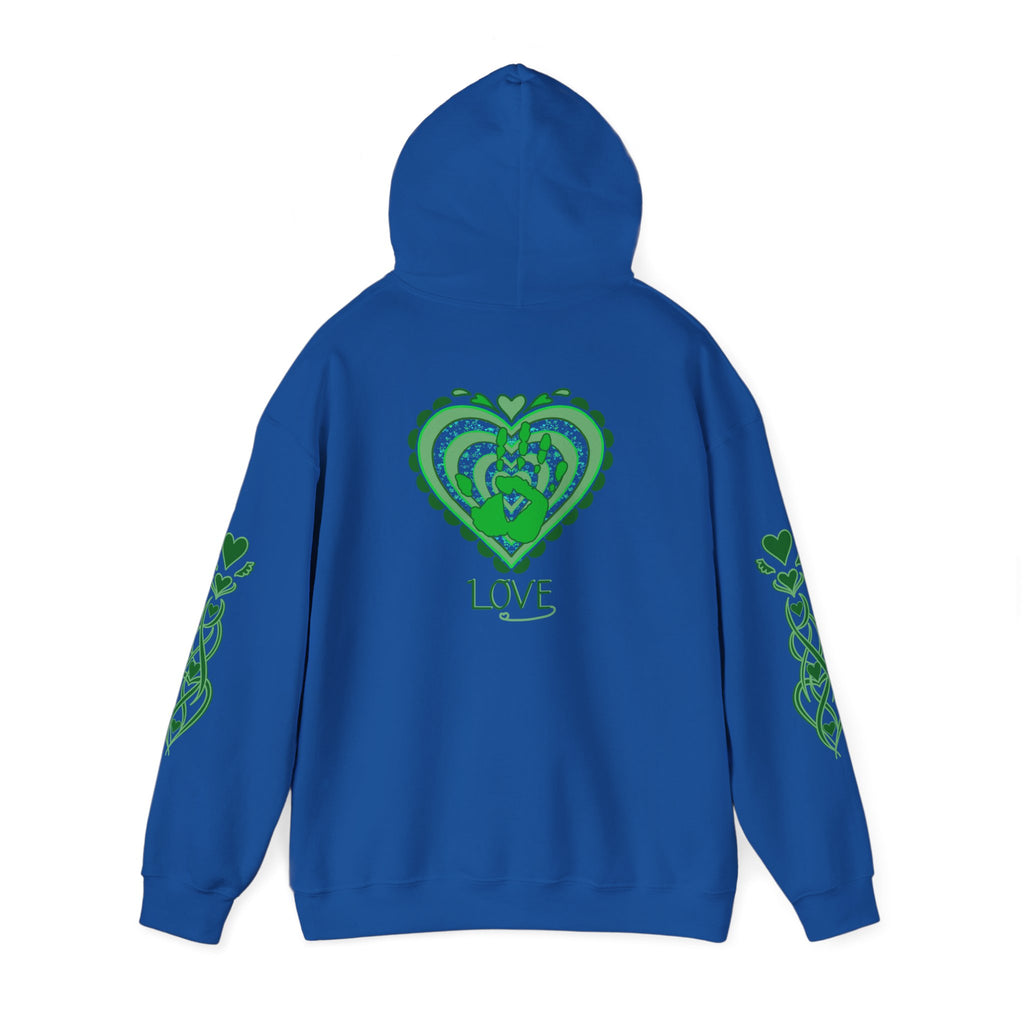 Blue hoodie with green heart design and 'LOVE' text on a white background