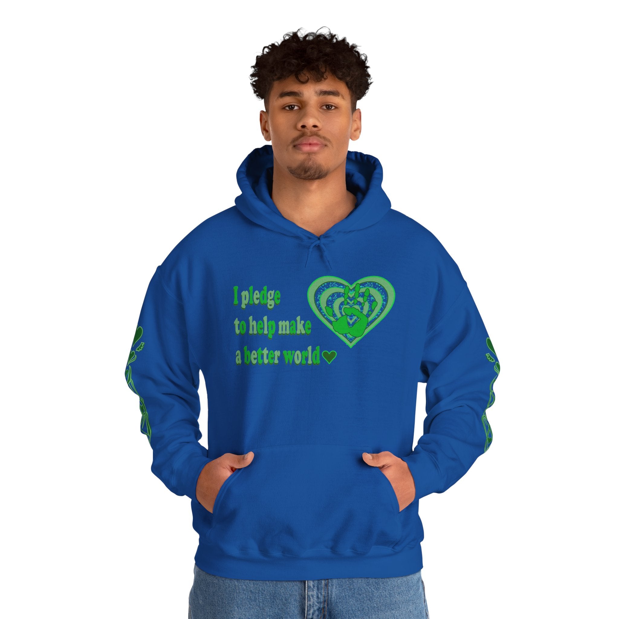 Person wearing a blue hoodie with green text and heart design