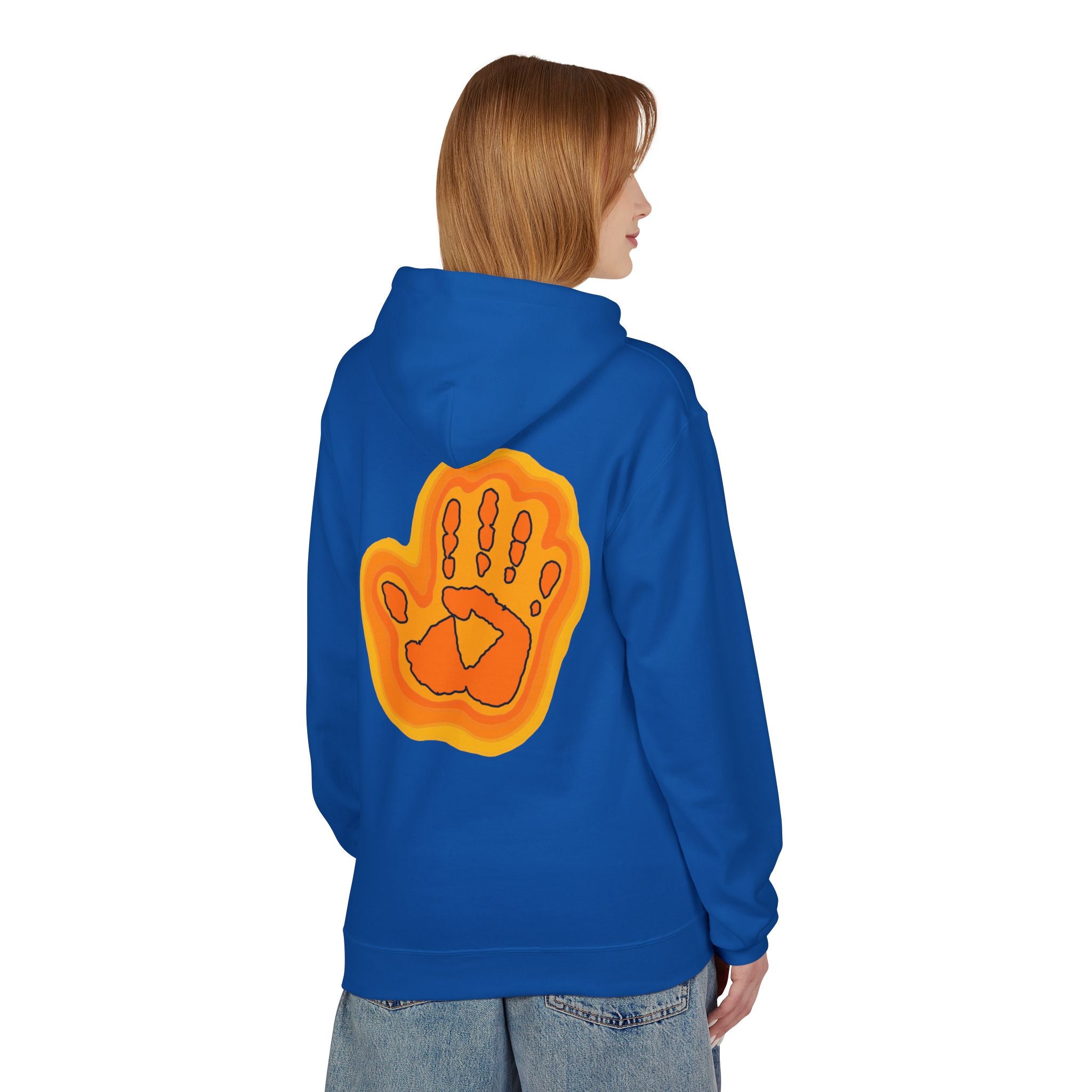 Person wearing a blue hoodie with an orange handprint design on the back, against a white background