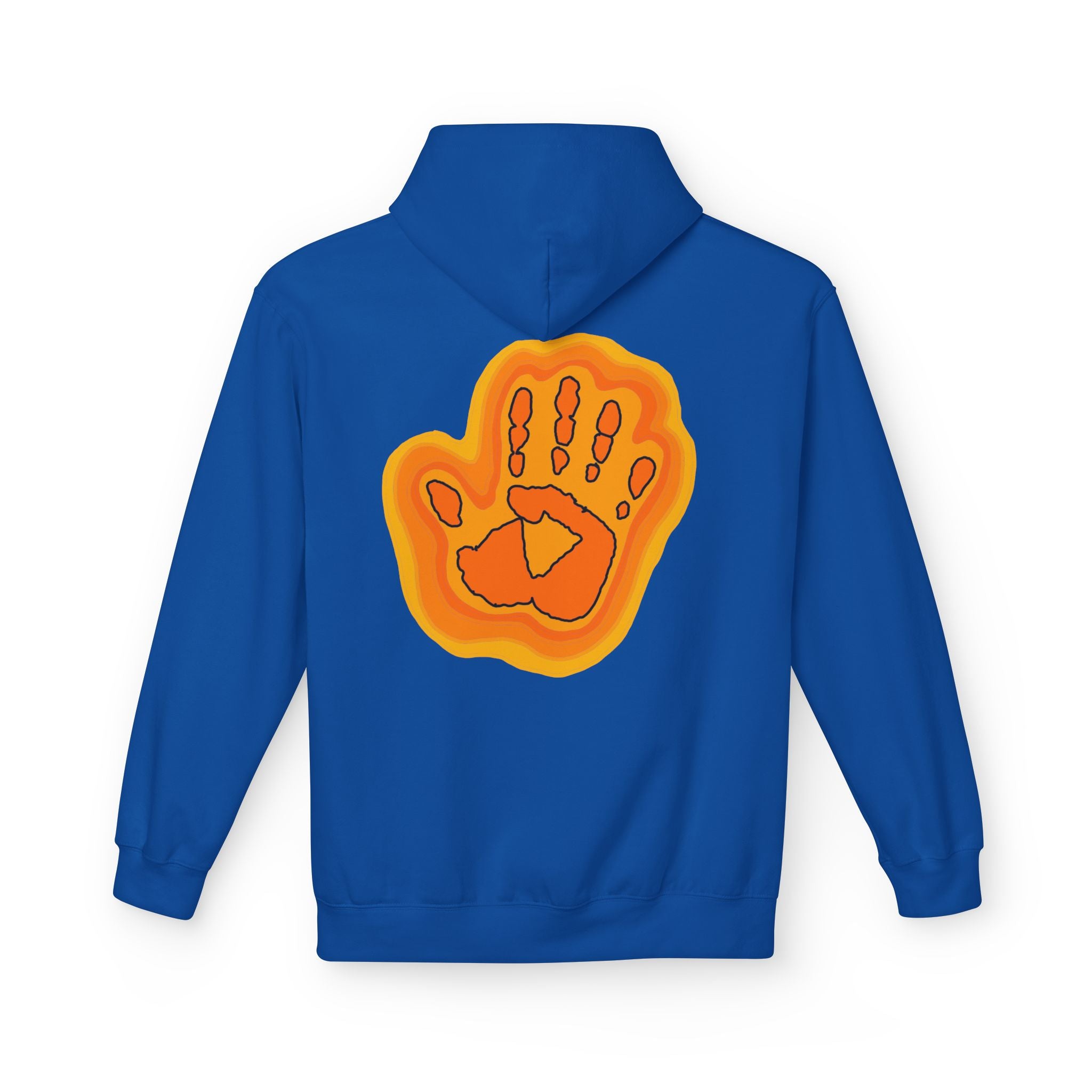Blue hoodie with an orange handprint design on the back against a white background