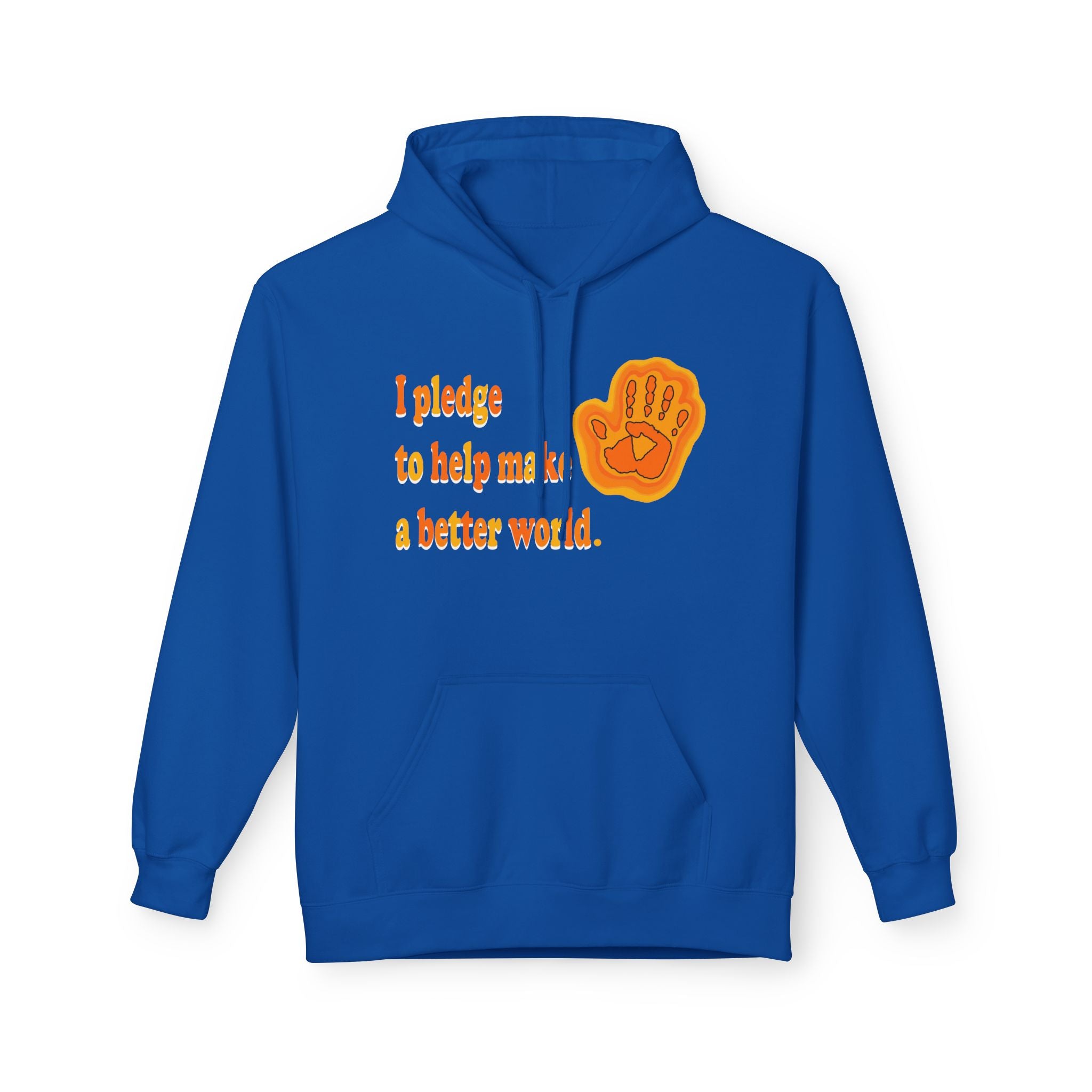 Blue hoodie with text and hand graphic on a white background