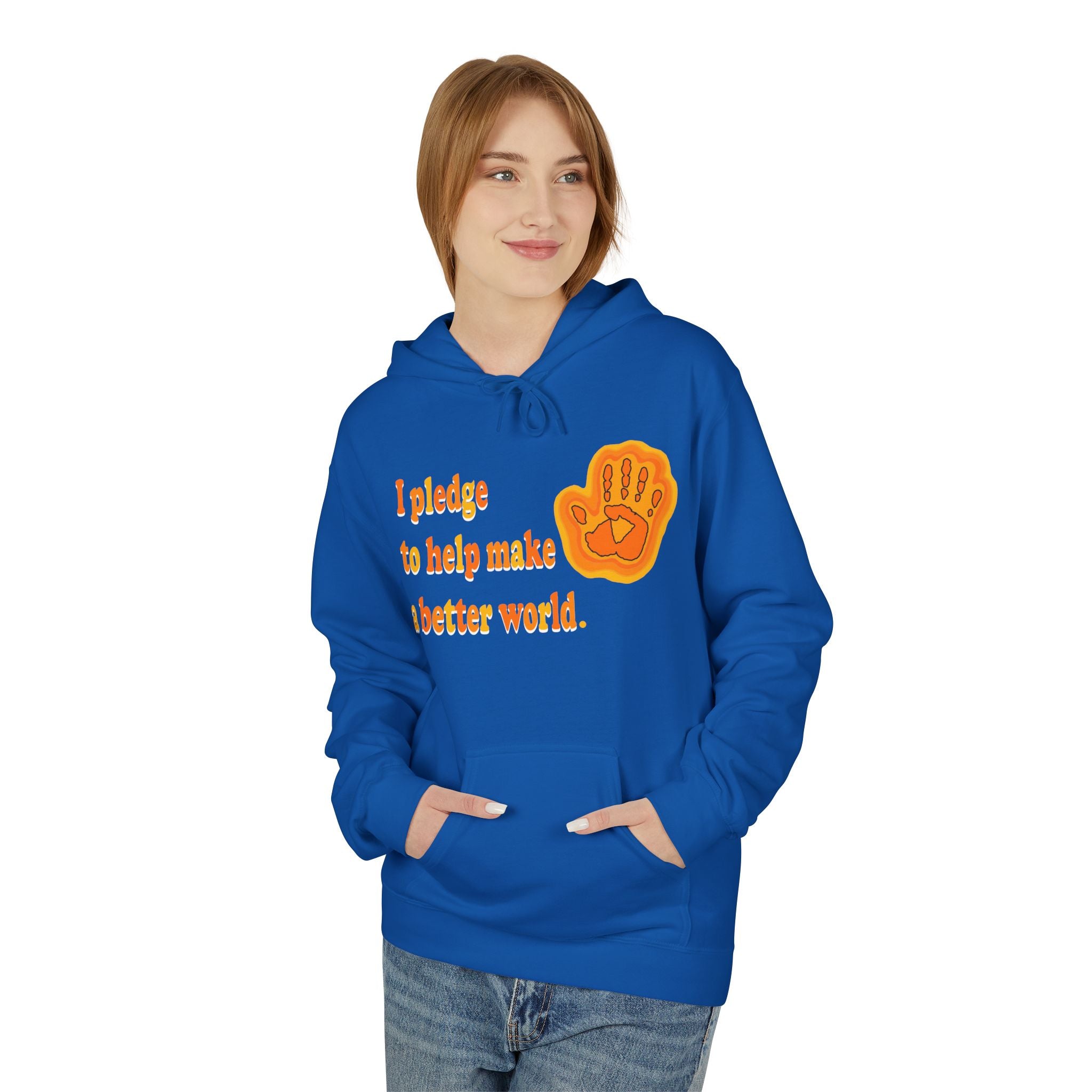Person wearing a blue hoodie with a motivational message and logo on a white background