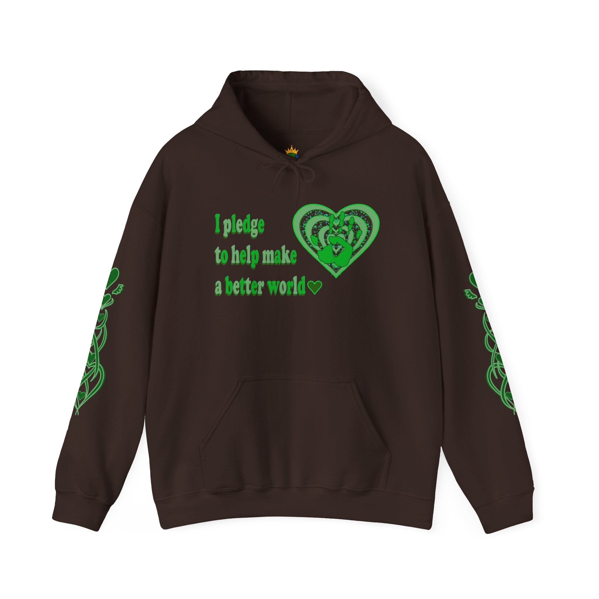 Brown hoodie with green text and heart design