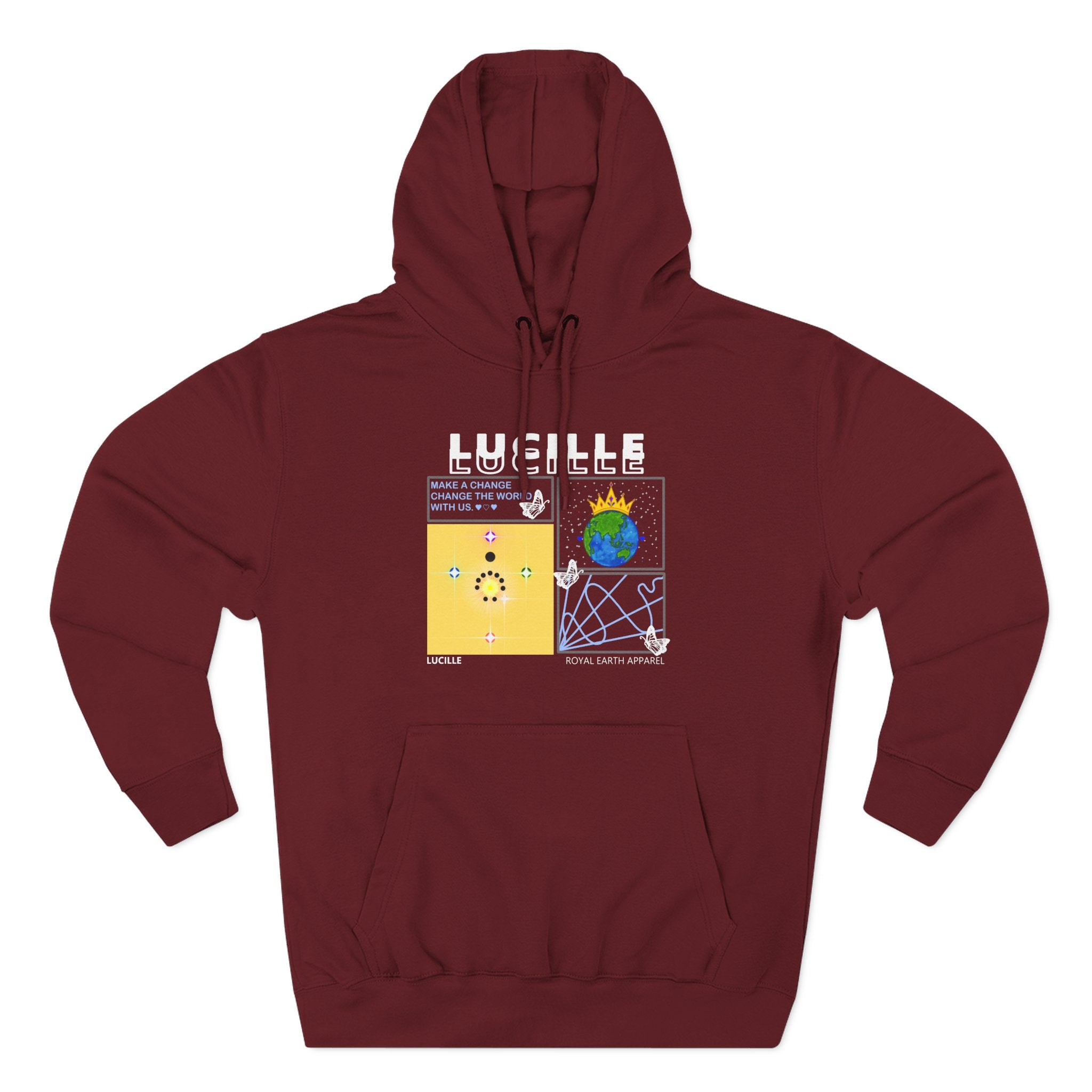 Burgundy hoodie with a Lucille graphic design on a white background