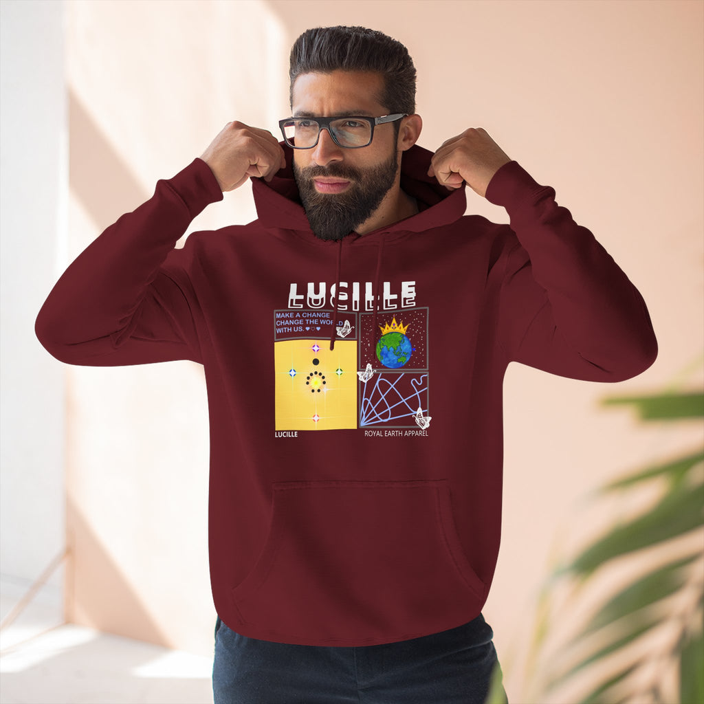Man wearing a burgundy hoodie with a Lucille graphic design and text, standing indoors.