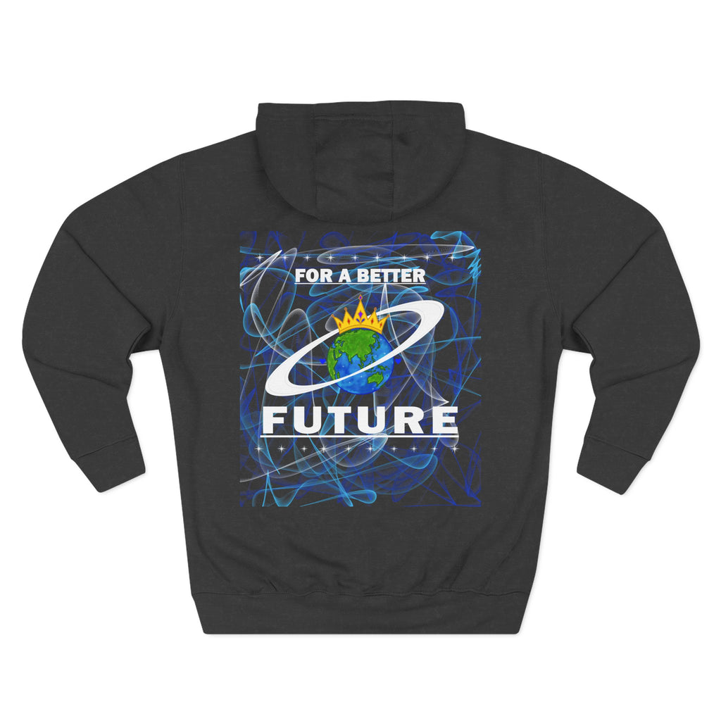 Back of a Charcoal heather hoodie with 'For a Better Future' design featuring the Royal Earth Apparel Logo on a white background