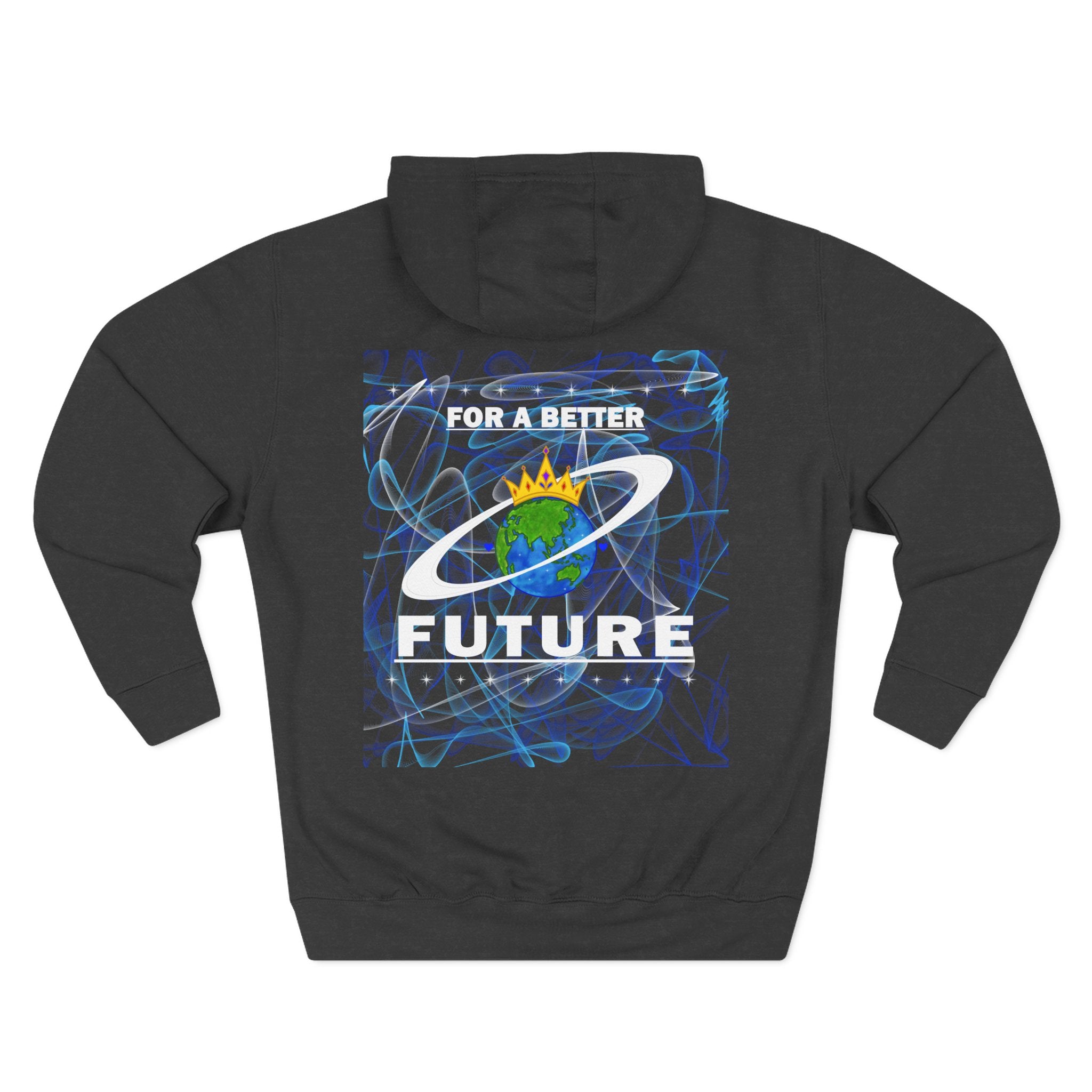 Back of a Charcoal heather hoodie with 'For a Better Future' design featuring the Royal Earth Apparel Logo on a white background