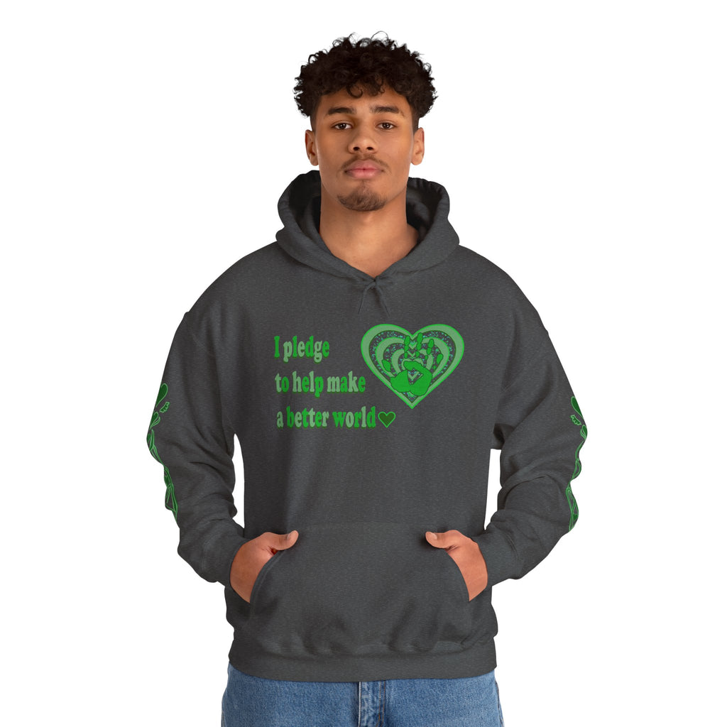 Person wearing a dark grey hoodie with green text and heart design