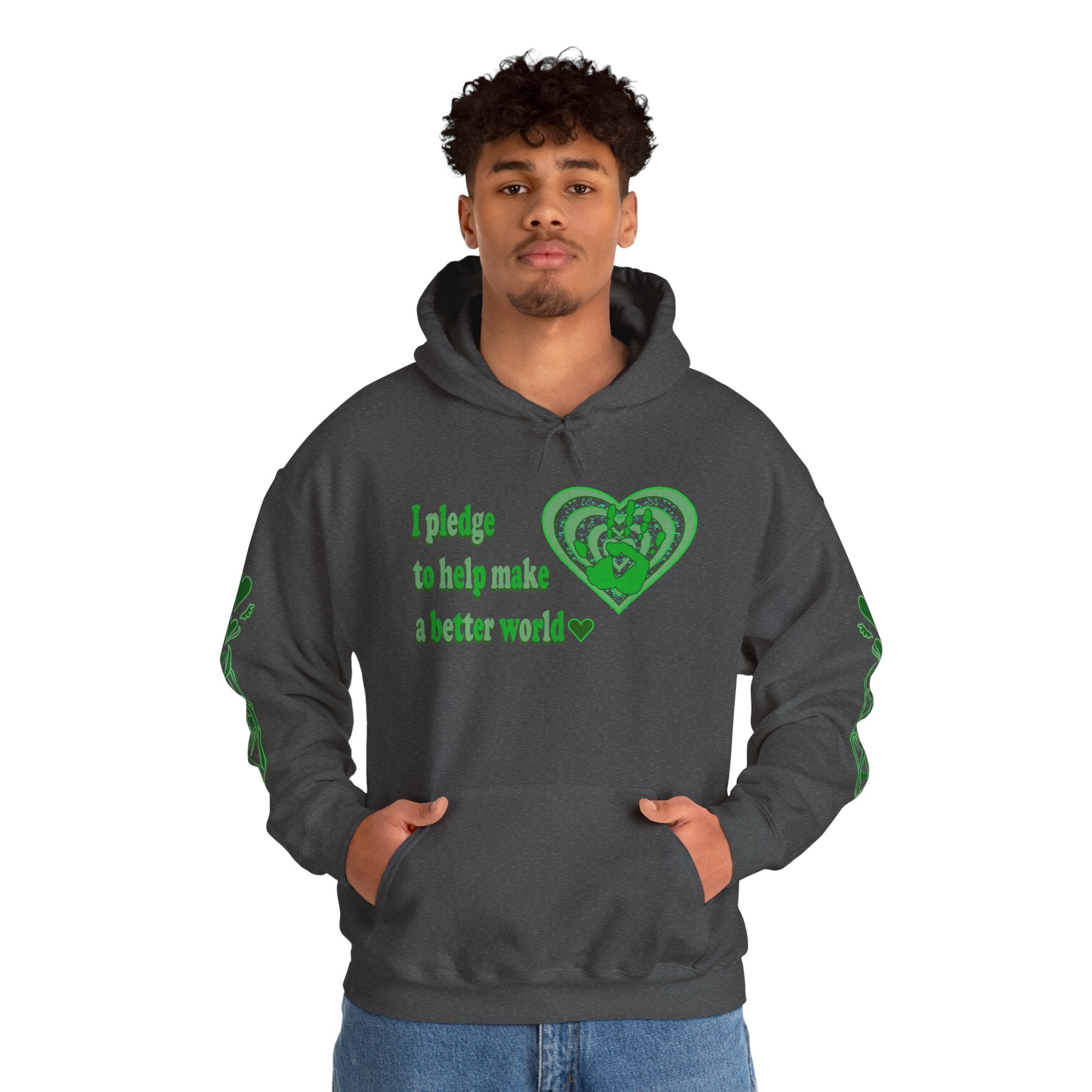 Person wearing a dark grey hoodie with green text and heart design