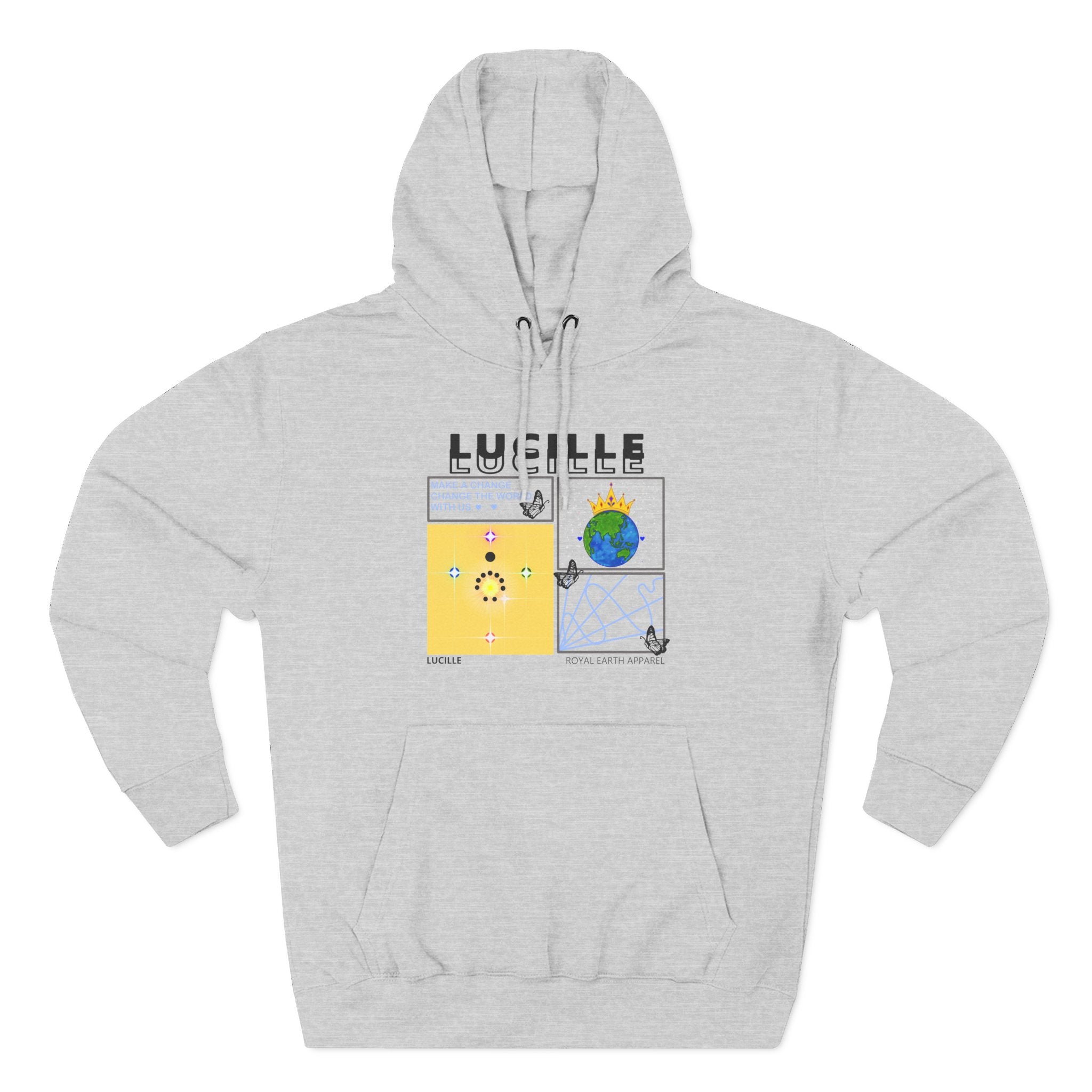 Gray hoodie with a Lucille graphic design on a white background