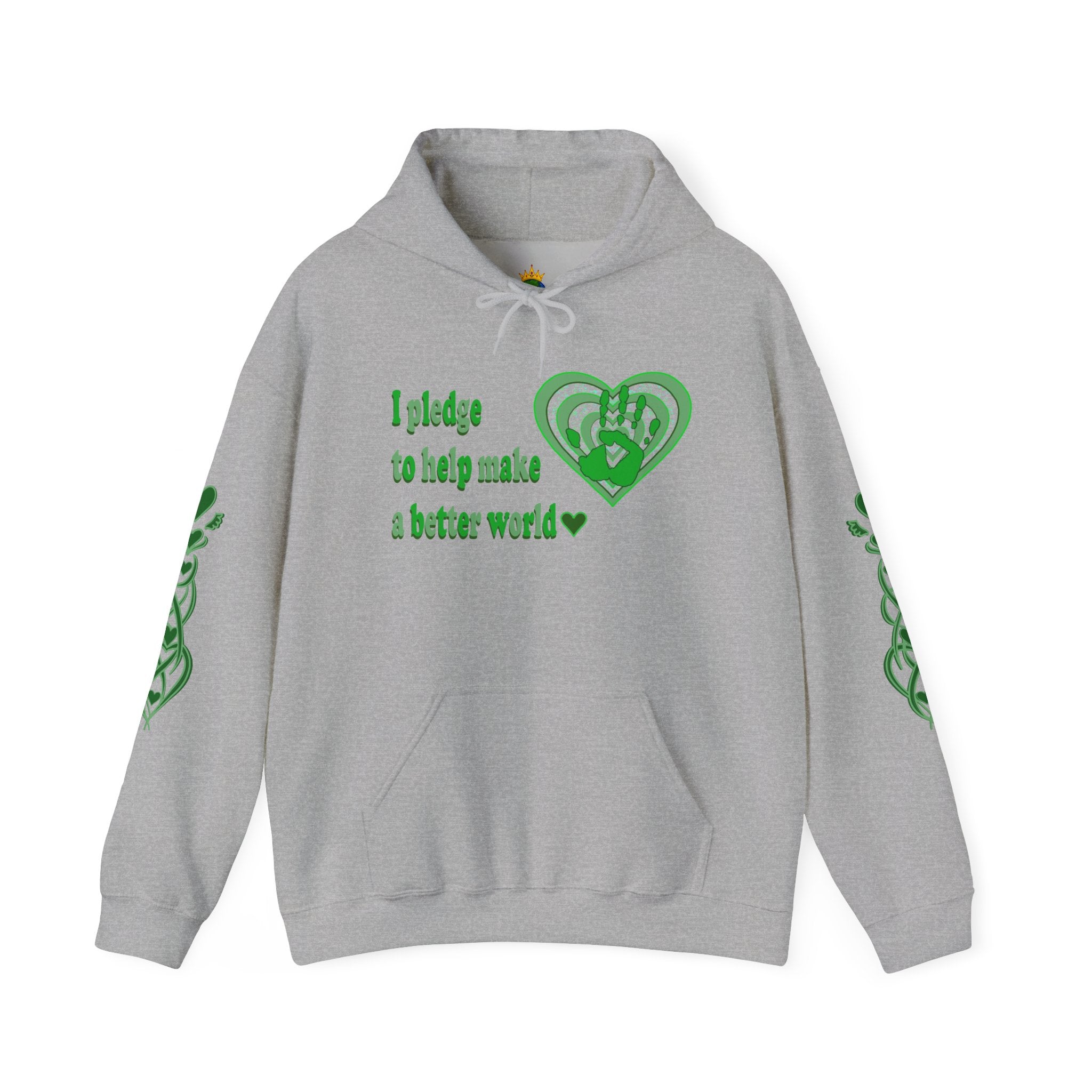 Grey hoodie with green text and heart design