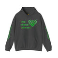 Grey hoodie with green text and heart design