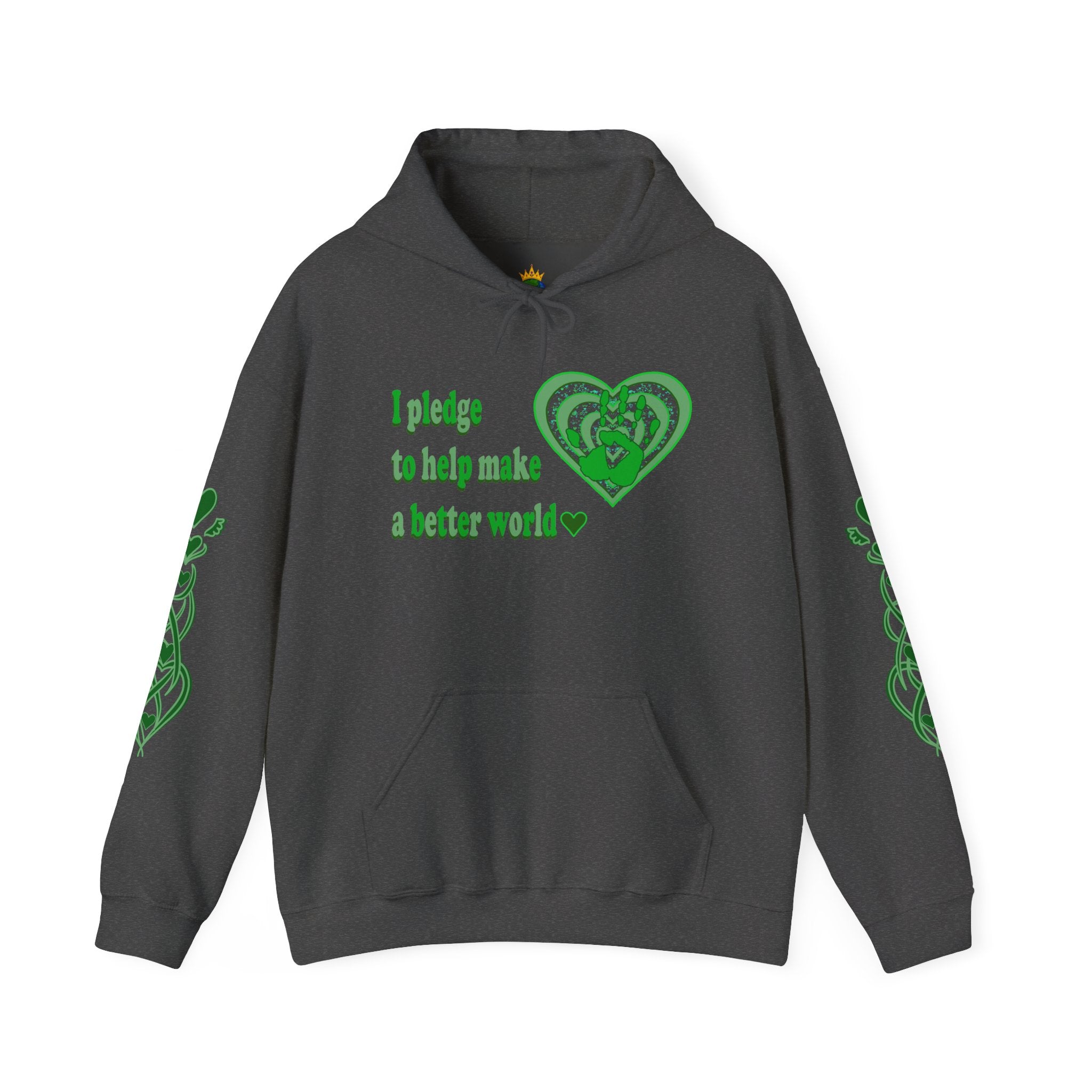 Grey hoodie with green text and heart design