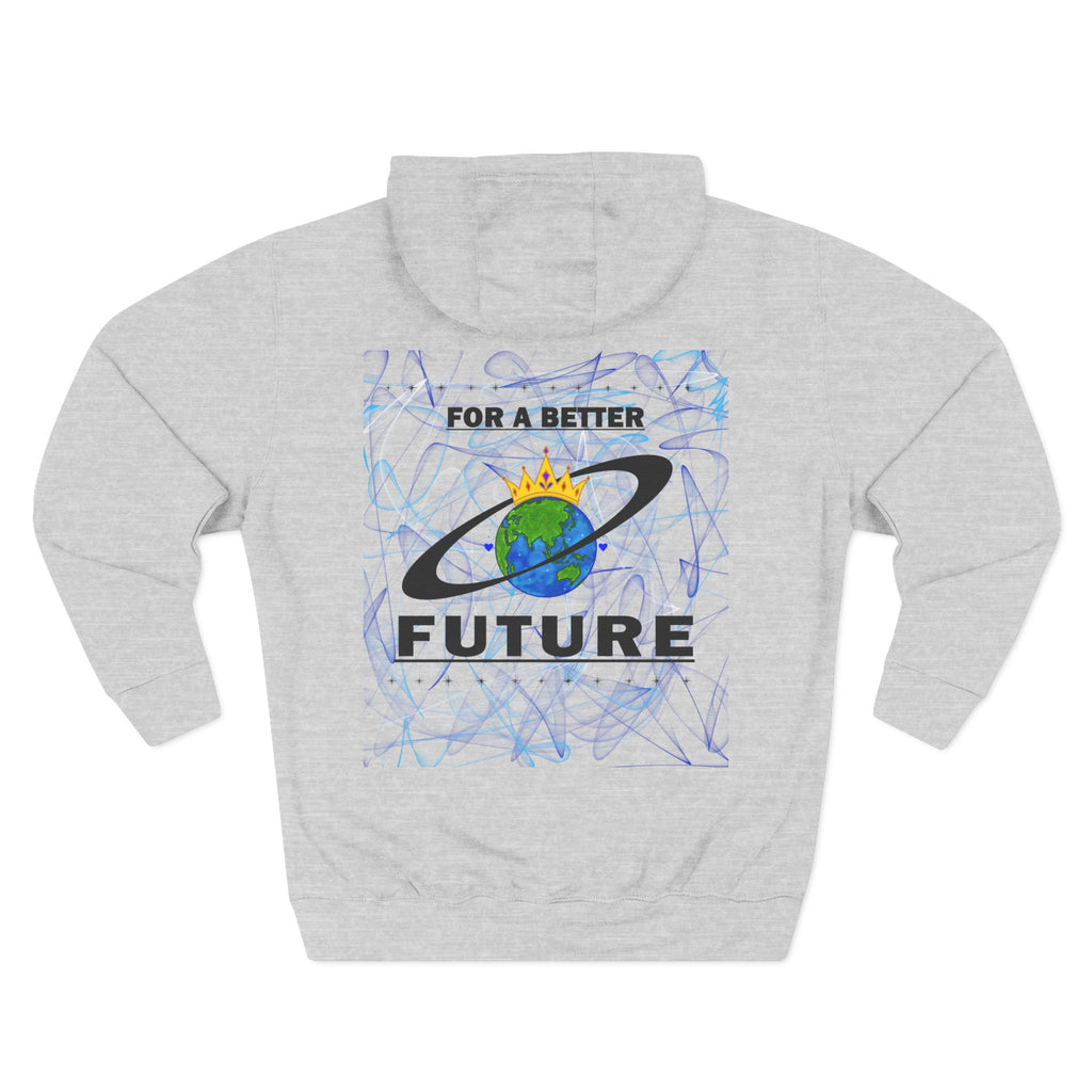 Back of a light grey hoodie with 'For a Better Future' design featuring the Royal Earth Apparel Logo on a white background
