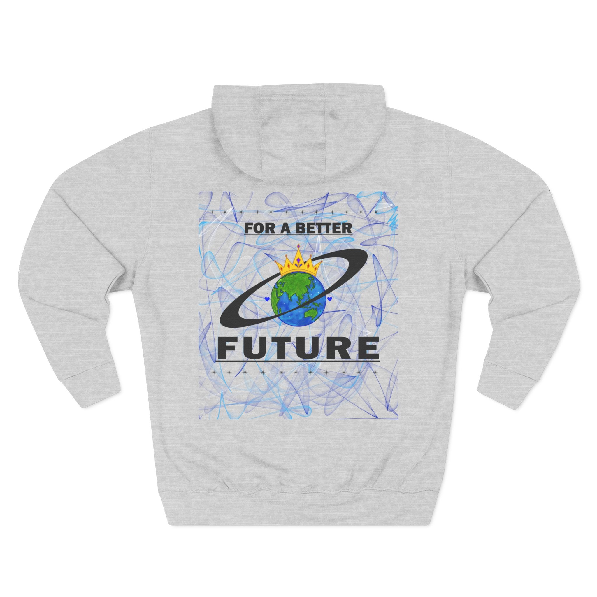 Back of a light grey hoodie with 'For a Better Future' design featuring the Royal Earth Apparel Logo on a white background