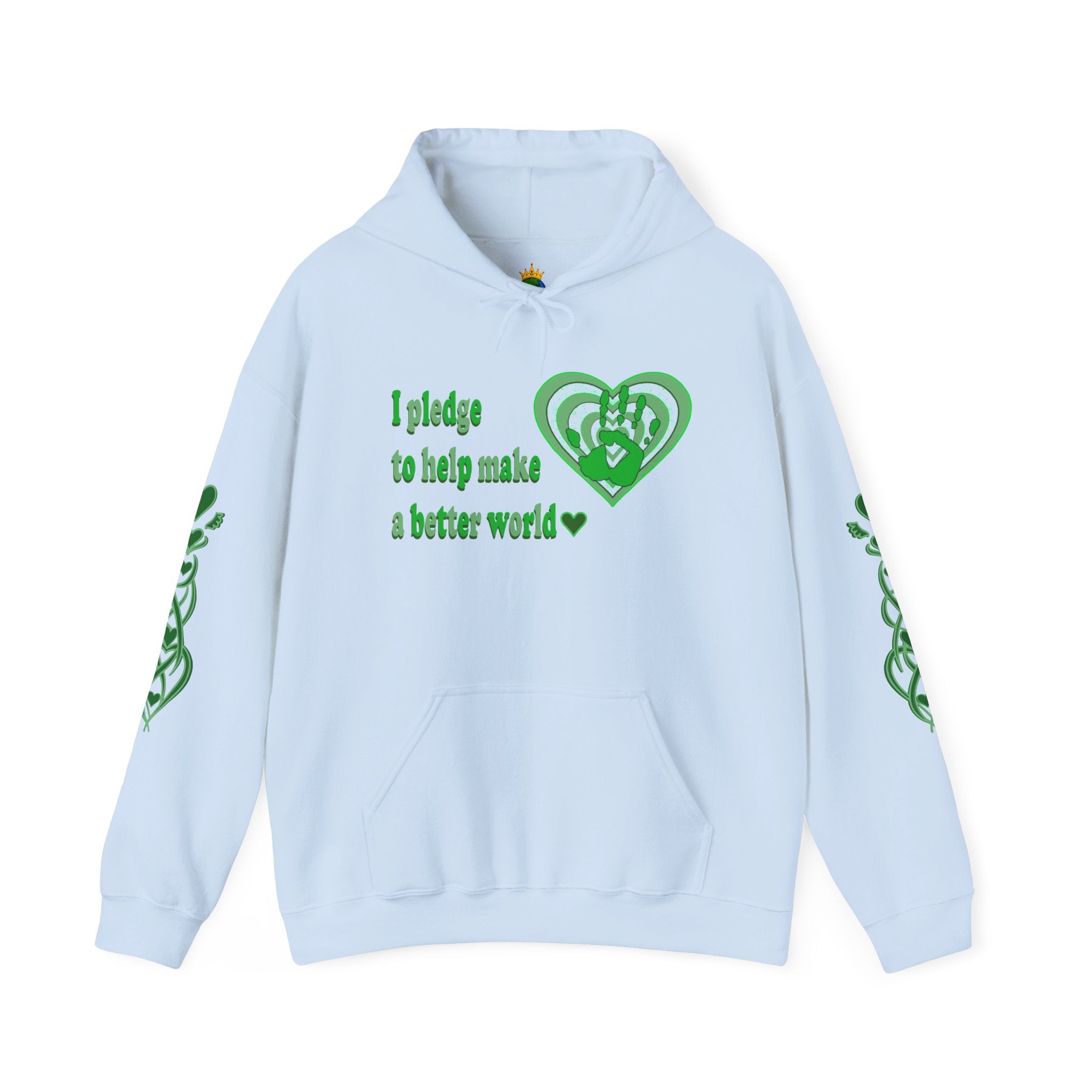 Light blue hoodie with green text and green heart design