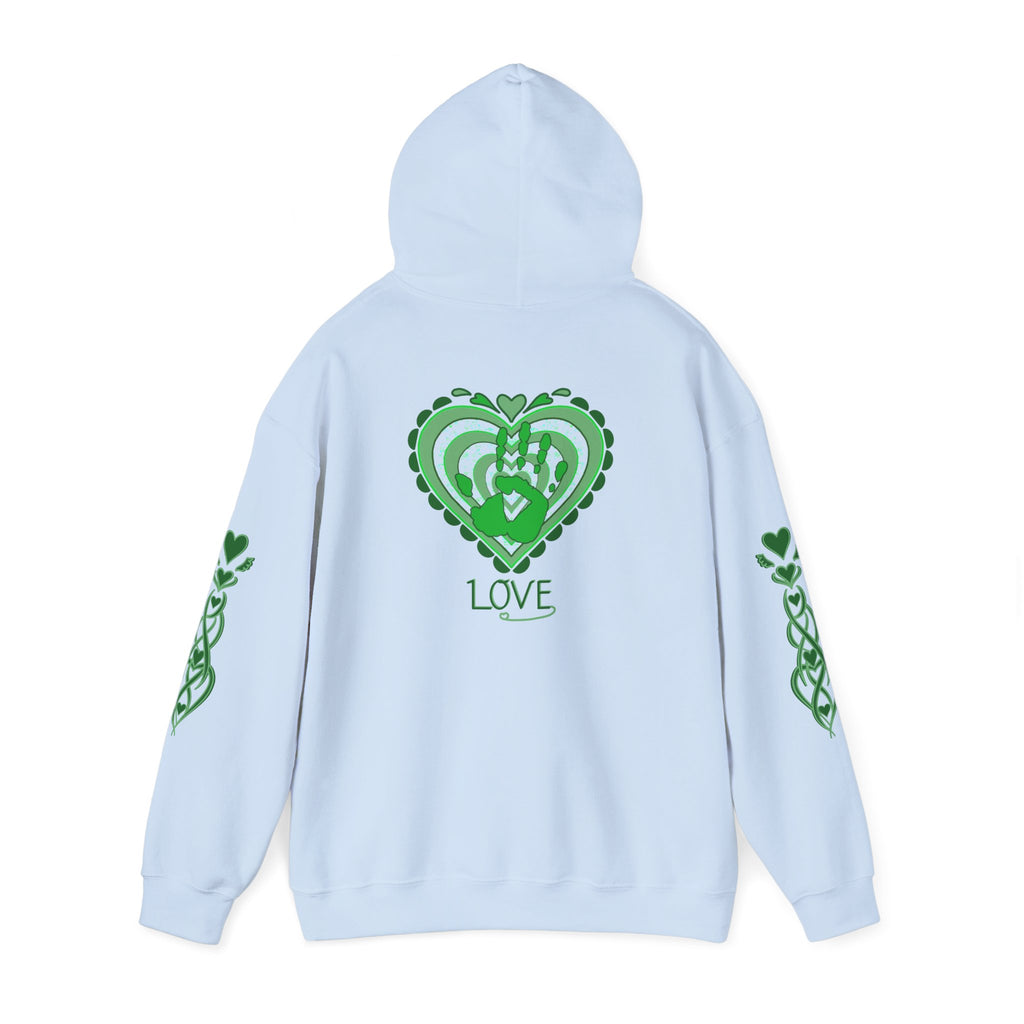 Light blue hoodie with green heart design and 'LOVE' text