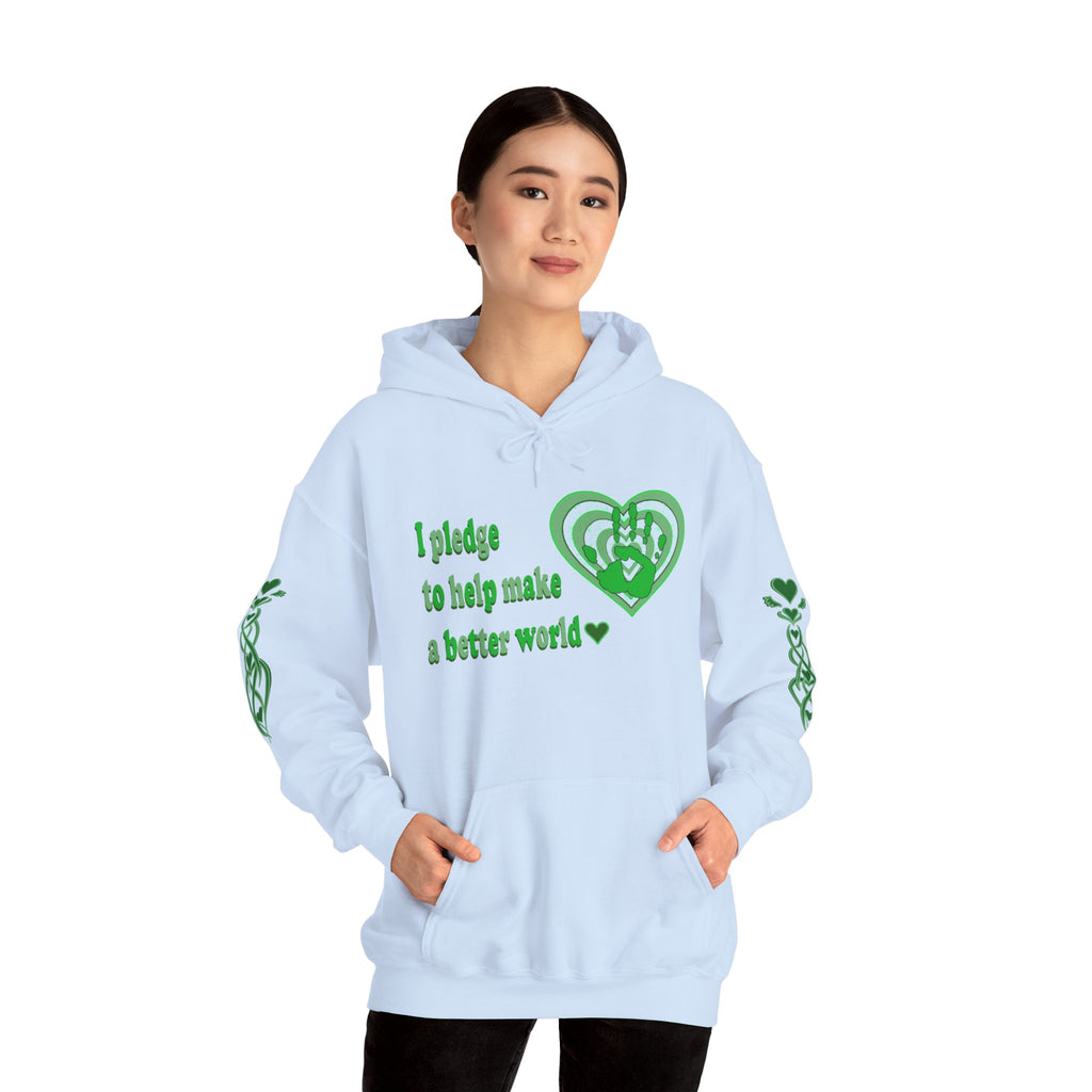 Light blue hoodie with green text and heart design worn by a model