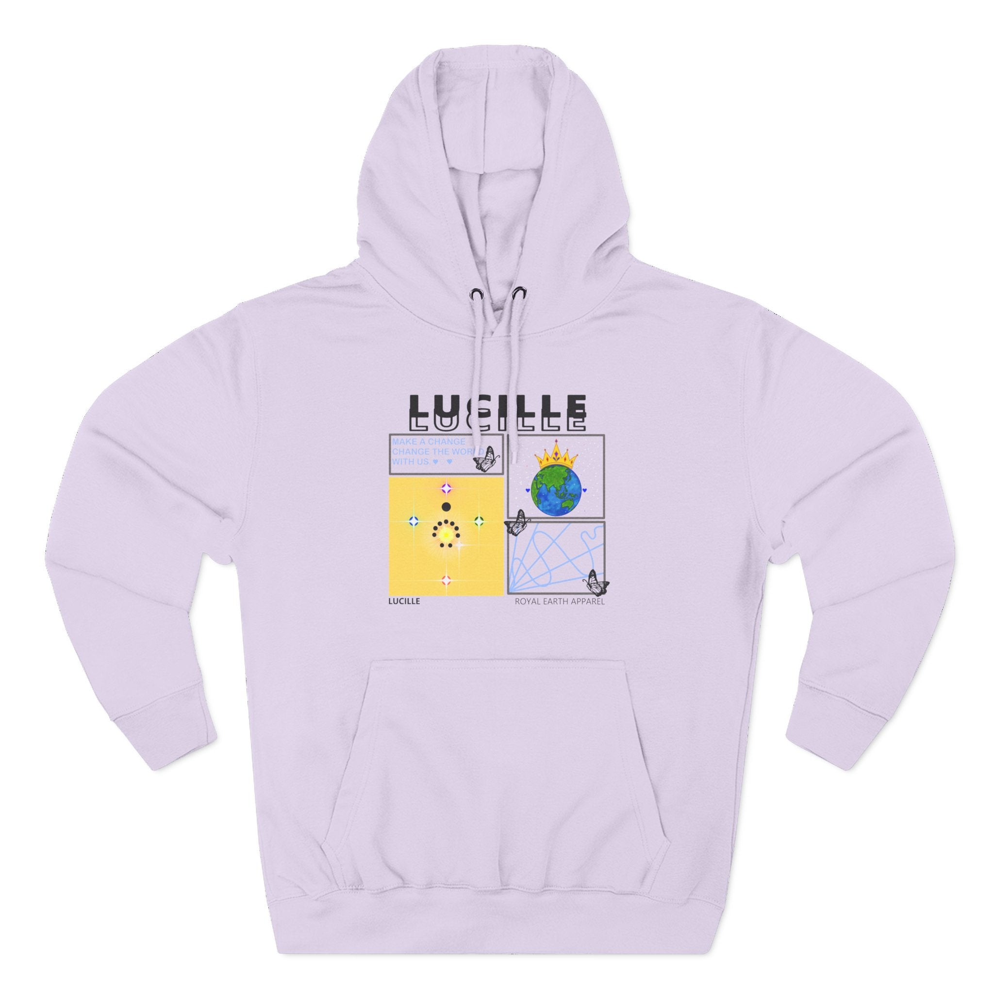 Lilac hoodie with a Lucille graphic design on a white background