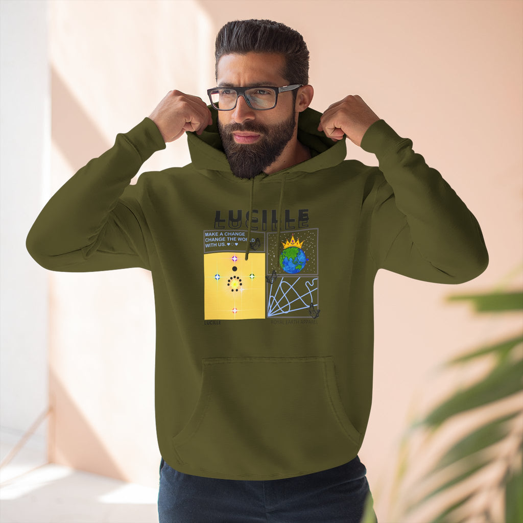 Man wearing a army green hoodie with a Lucille graphic design on a neutral background