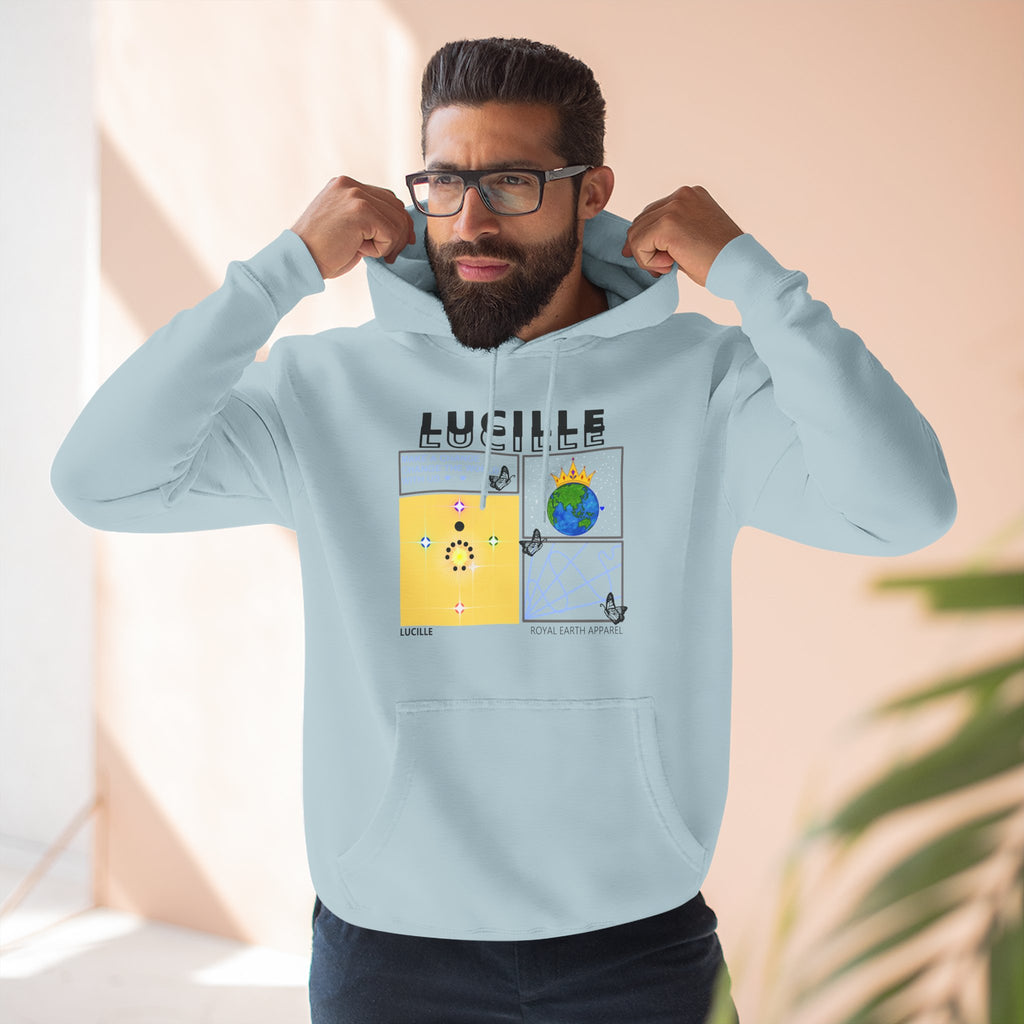 Man wearing a pale blue hoodie with a Lucille graphic design and text