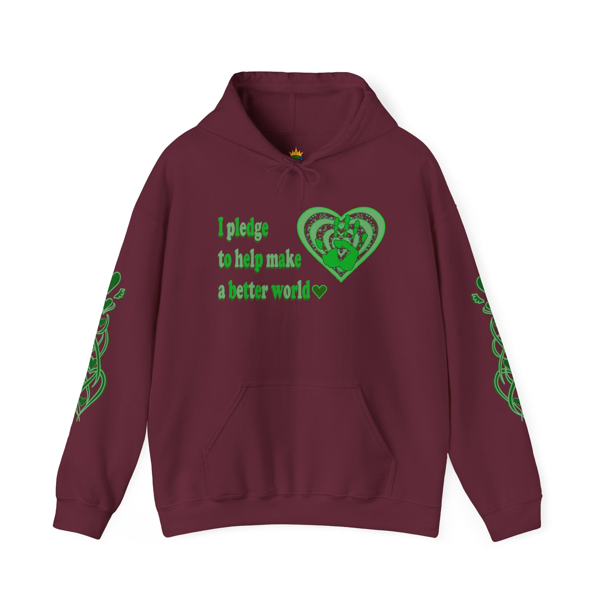 Maroon hoodie with green text and heart design