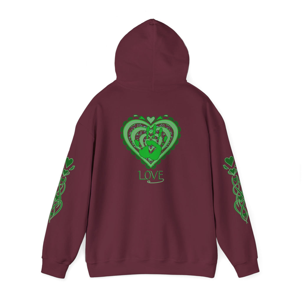 Maroon hoodie with green heart design and green Love text