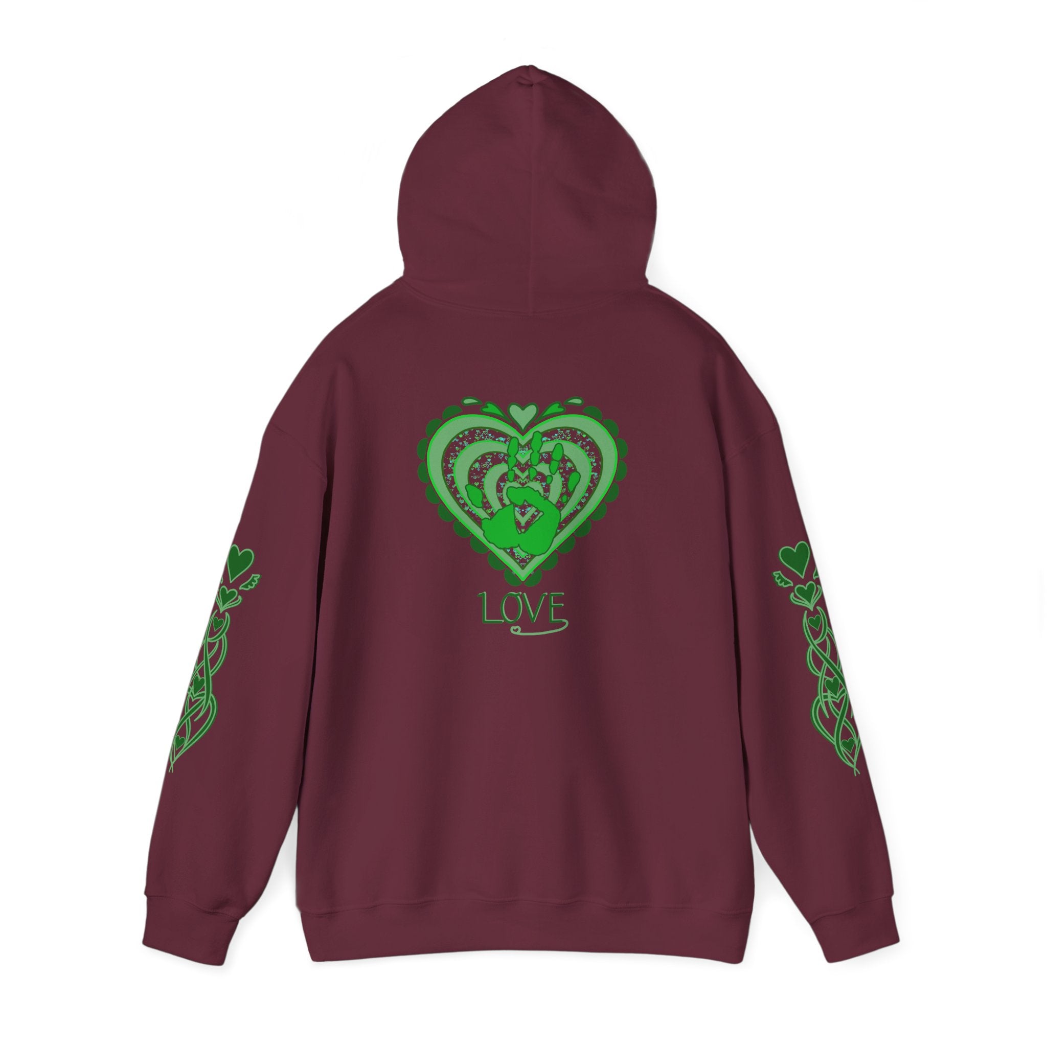 Maroon hoodie with green heart design and green Love text
