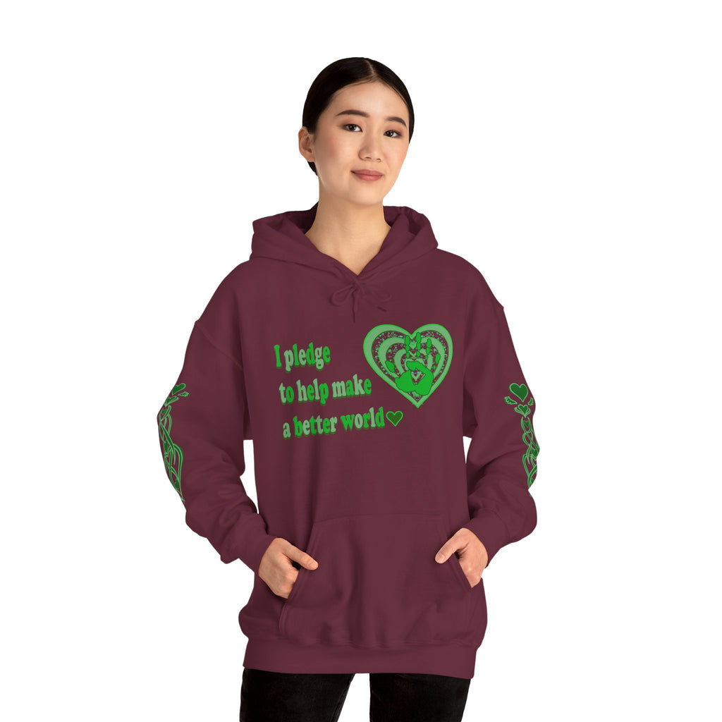 Maroon hoodie with green text and heart design worn by a model