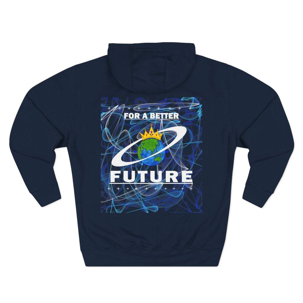 Navy blue hoodie with 'For a Better Future' graphic design on a white background