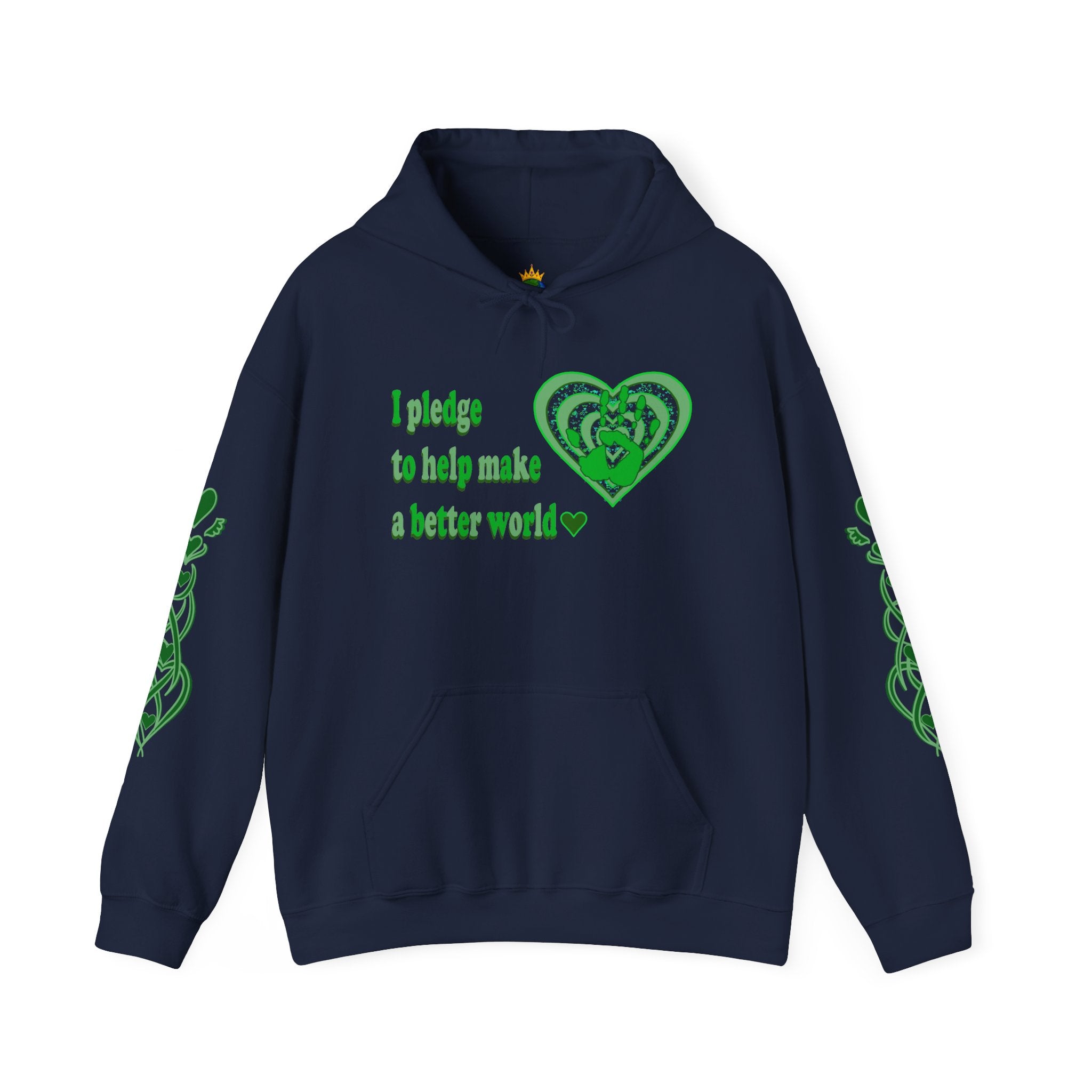 Navy blue hoodie with green text and heart design